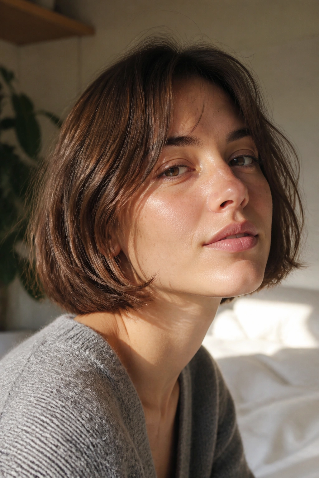 Close-up of real woman with an air-dried French bob for fine hair
