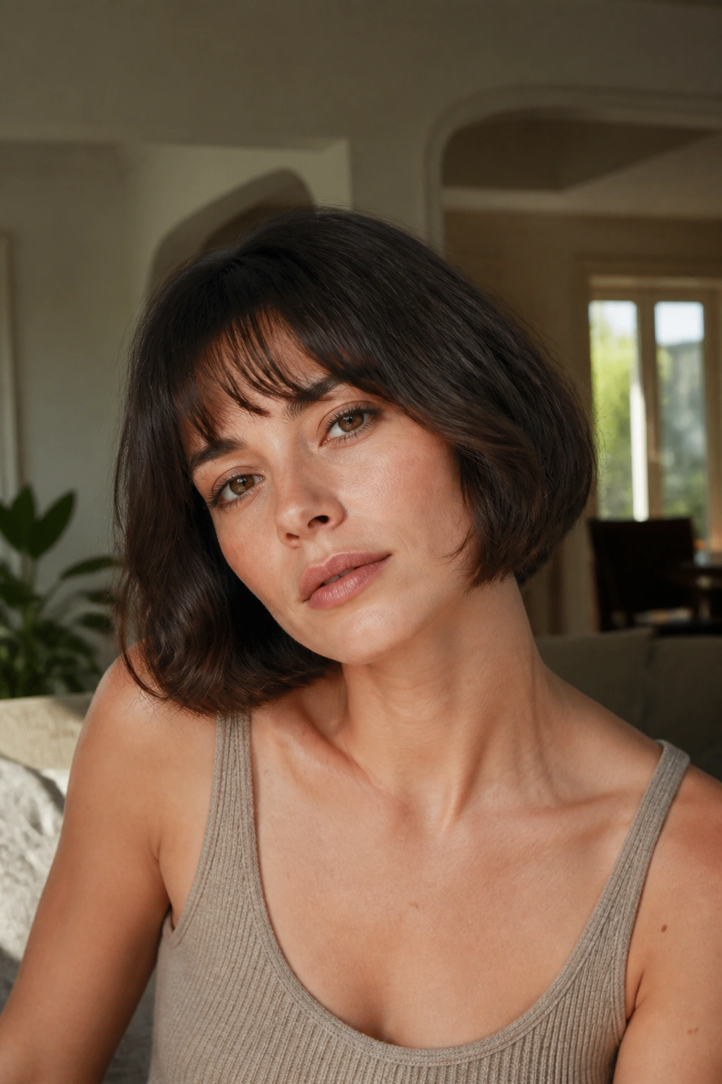 Close-up of a real woman with Air-Dried French Bob With Wispy Fringe bathed in sunlight