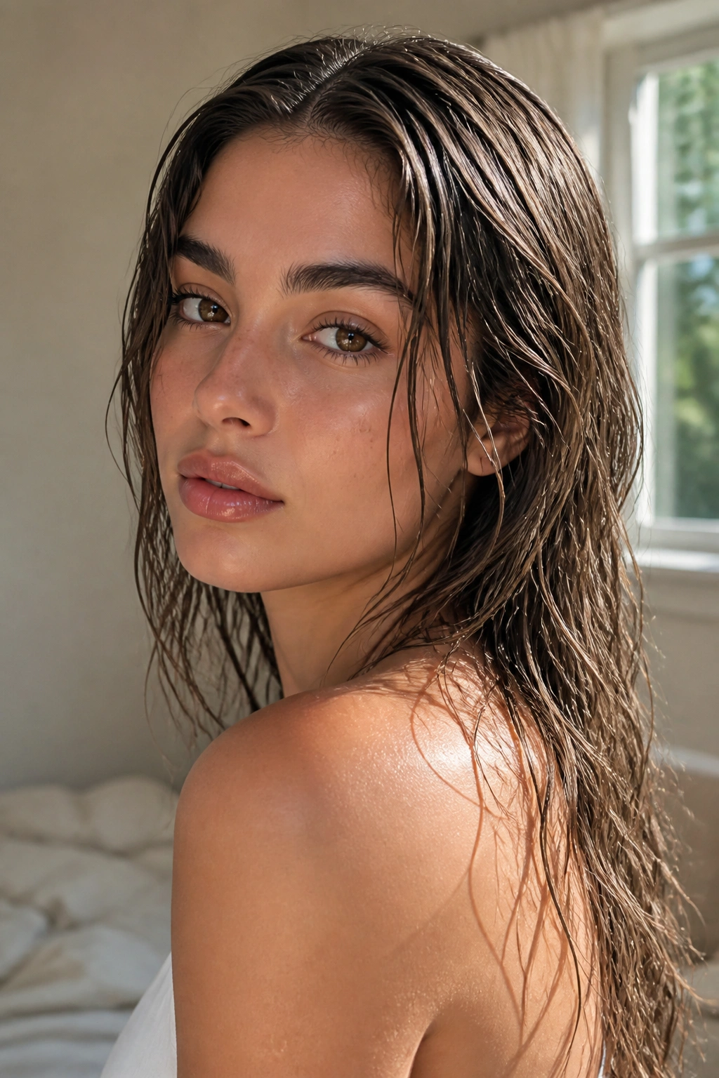 Close-up portrait of a real person with air-dried glossy texture hair