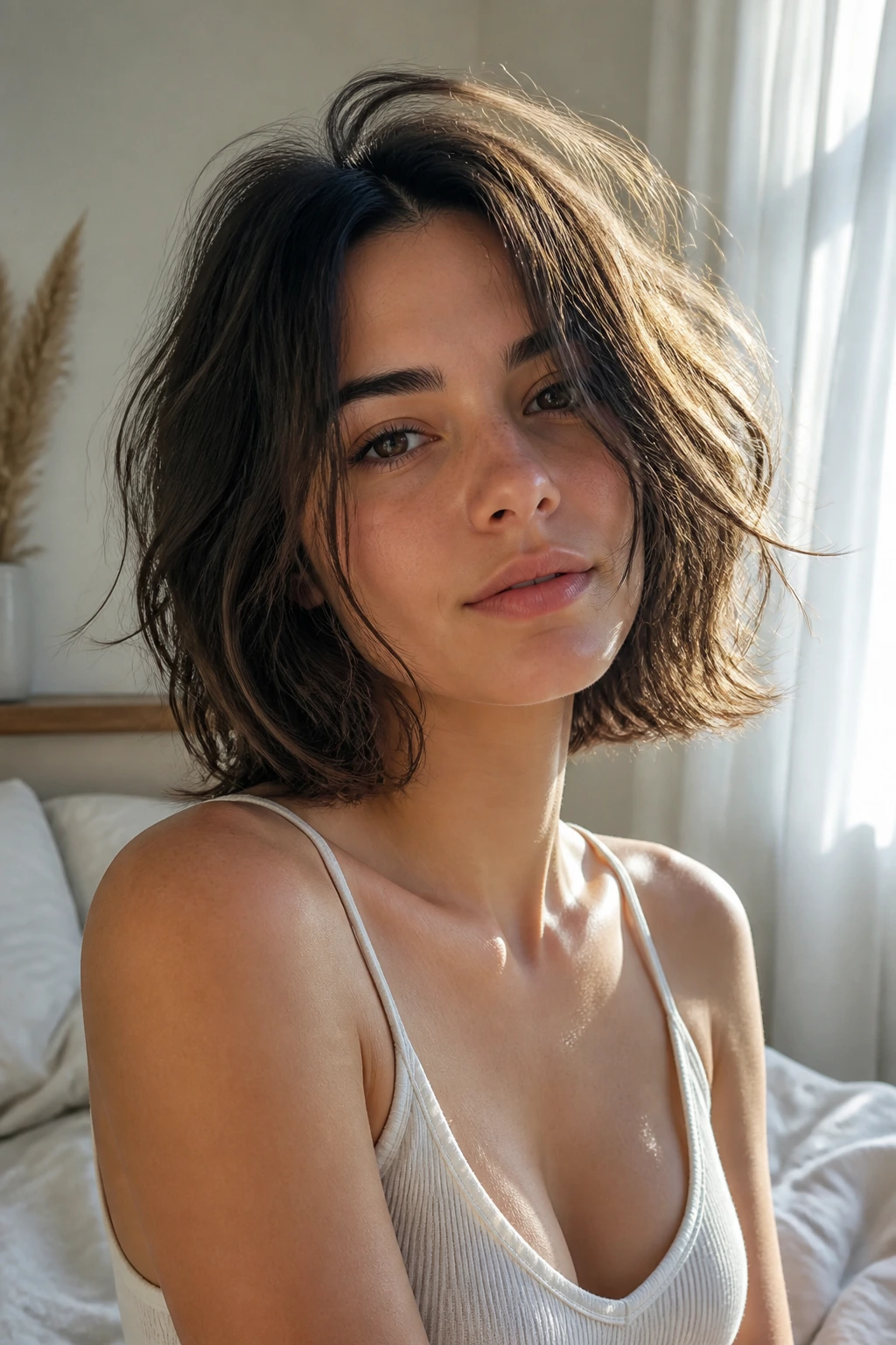 Portrait of a real woman with an air-dried layered bob showing natural movement.