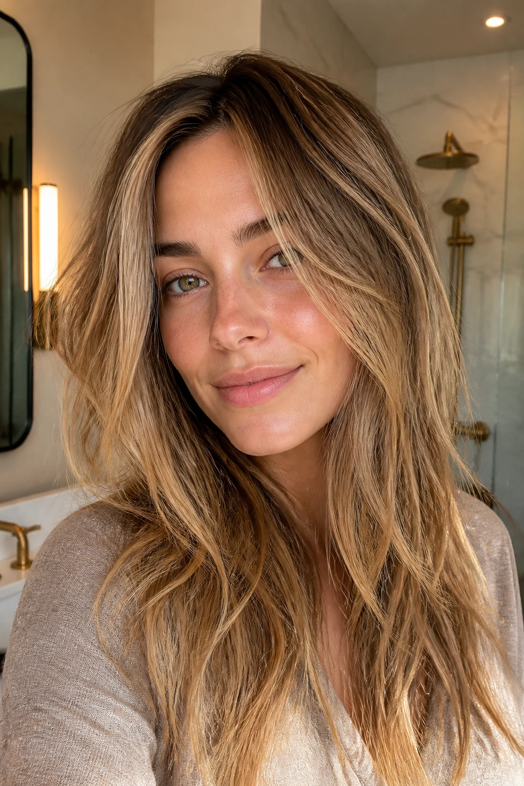 Close-up of a real woman with natural, air-dried layered hair with soft movement.