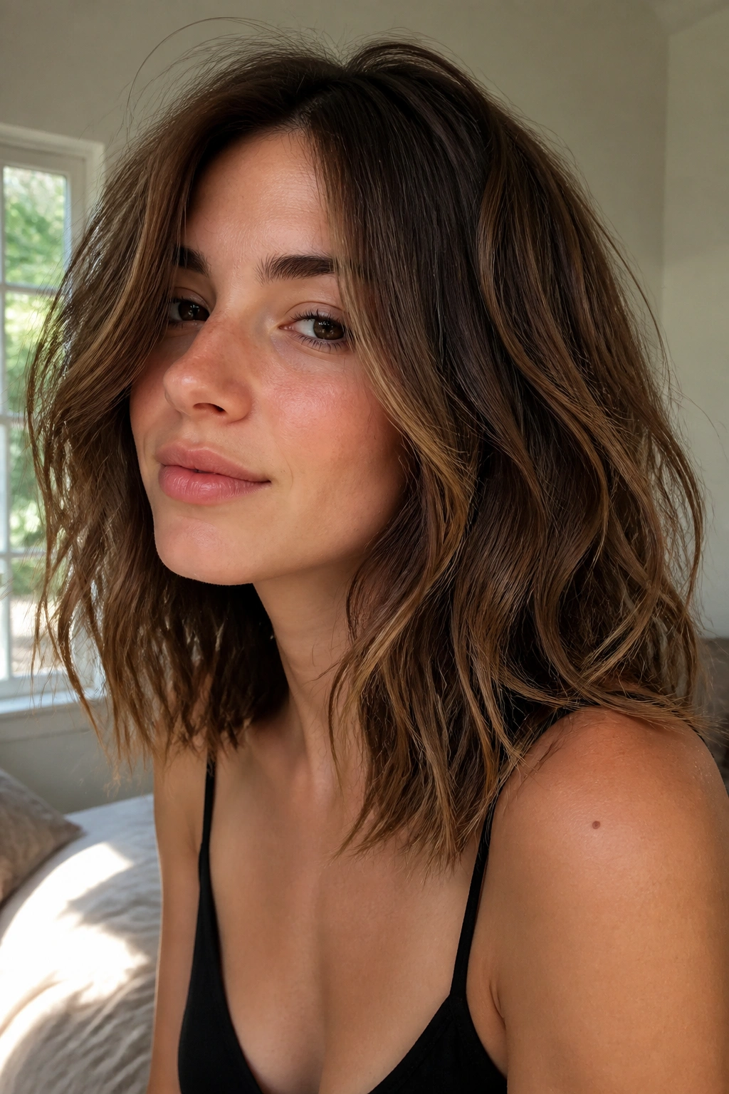 Close-up of a real woman with Air-Dried Tousled Lob in sunlit bedroom
