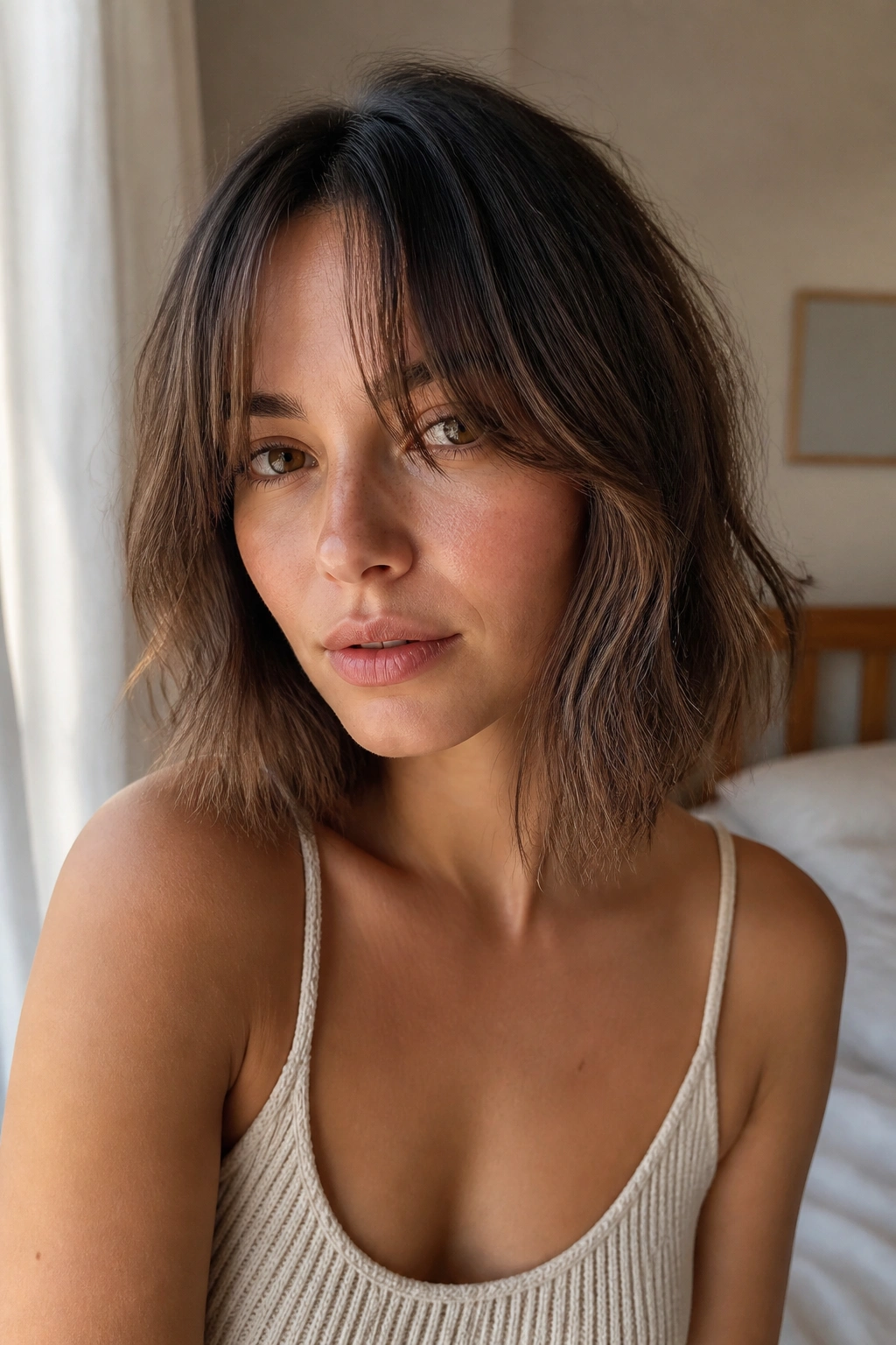 Close-up portrait of a real woman with an air-dried long bob and soft curtain bangs in natural window light