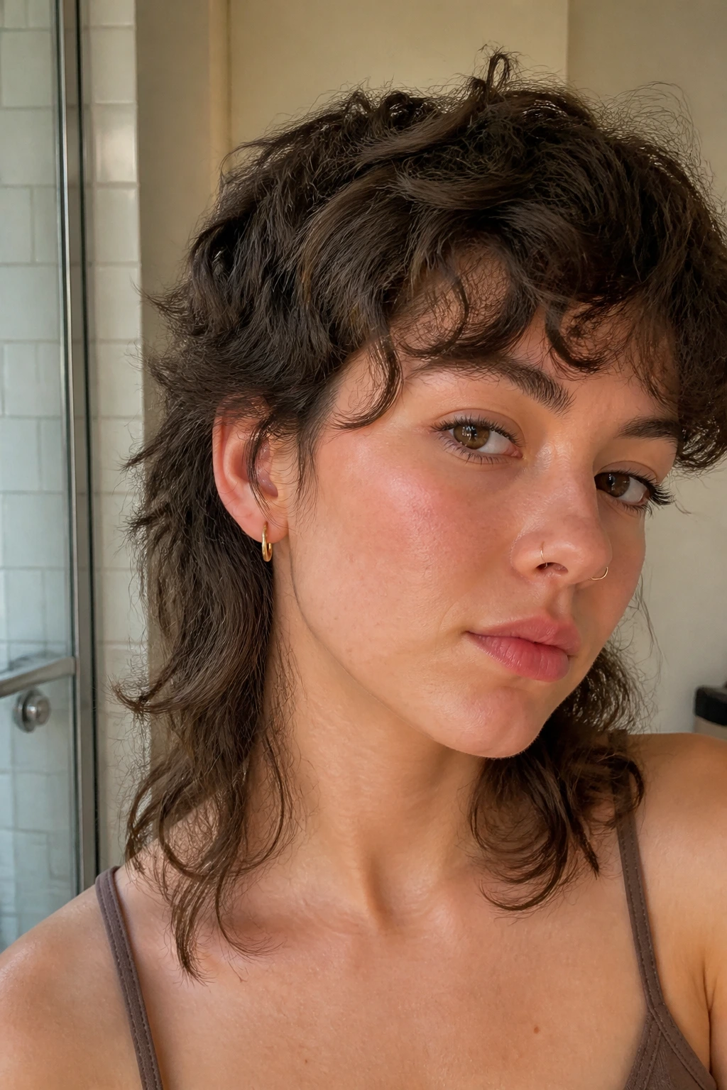 Close-up of a real woman with a naturally textured air-dried mullet.