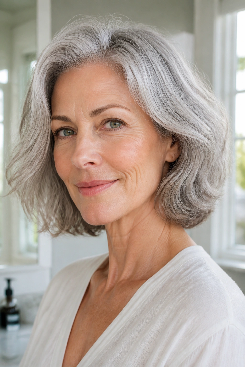 Close-up of a real woman with natural gray hair texture and clean outline in daylight