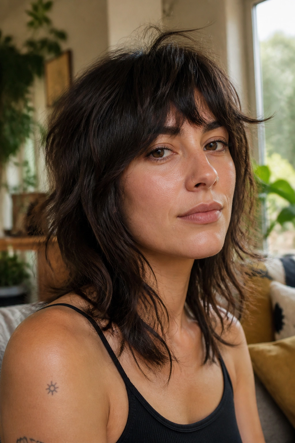 Close-up portrait of a real woman with air-dried natural texture wolf cut