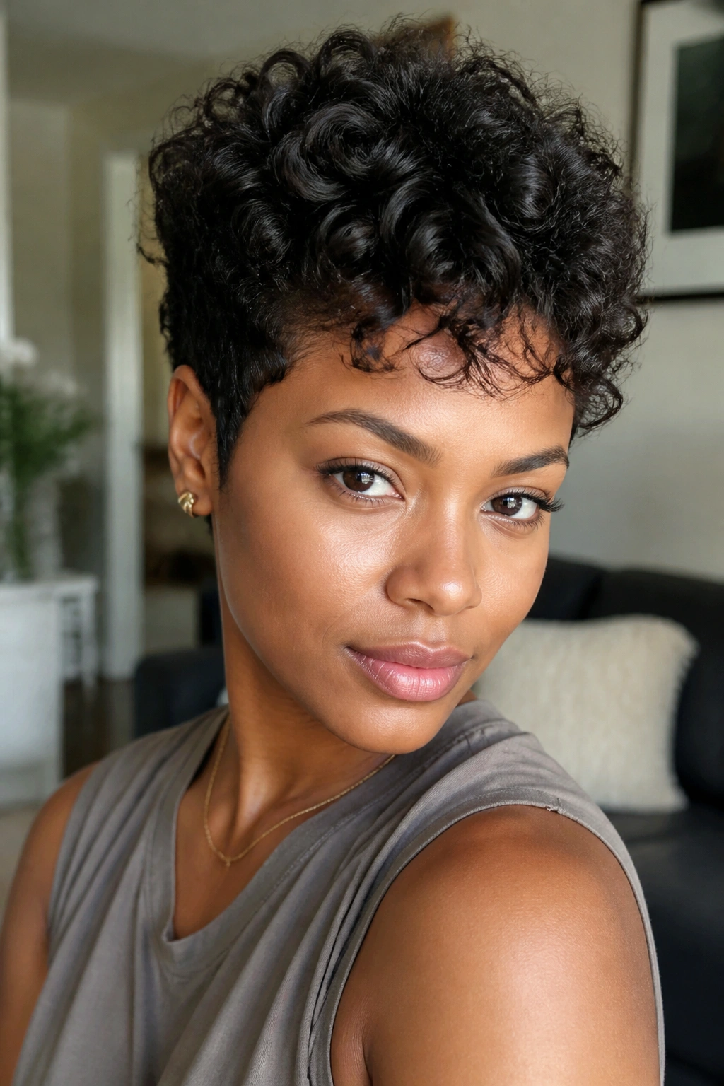 Close-up portrait of a Black woman with air-dried natural curly pixie