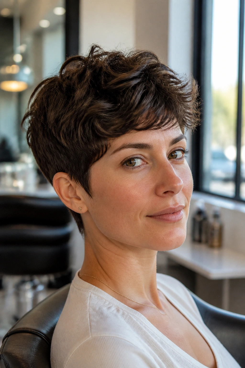 Close-up of a real woman with an air-dried pixie featuring a longer crown.