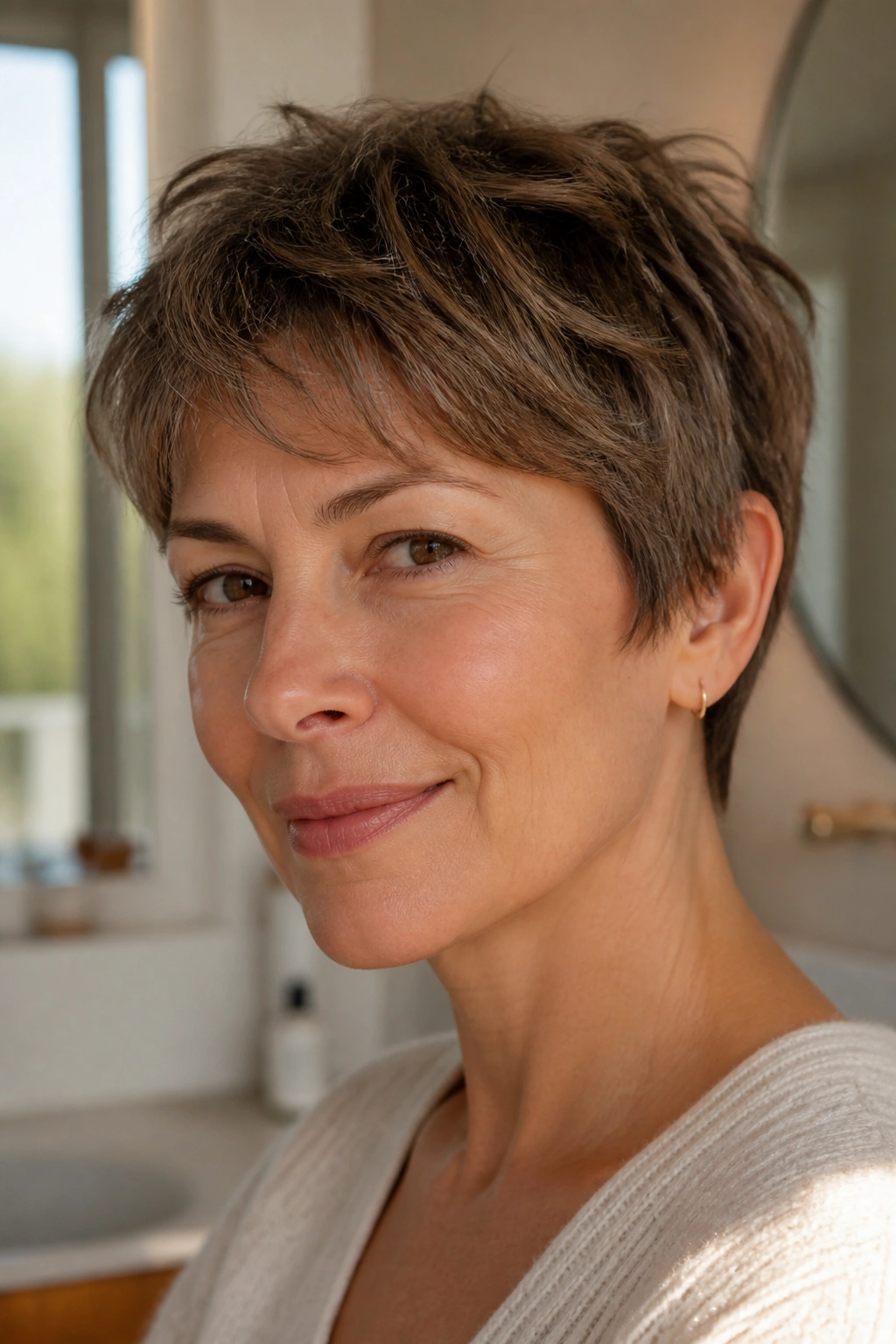 Portrait of a real woman with natural texture pixie, relaxed and natural.