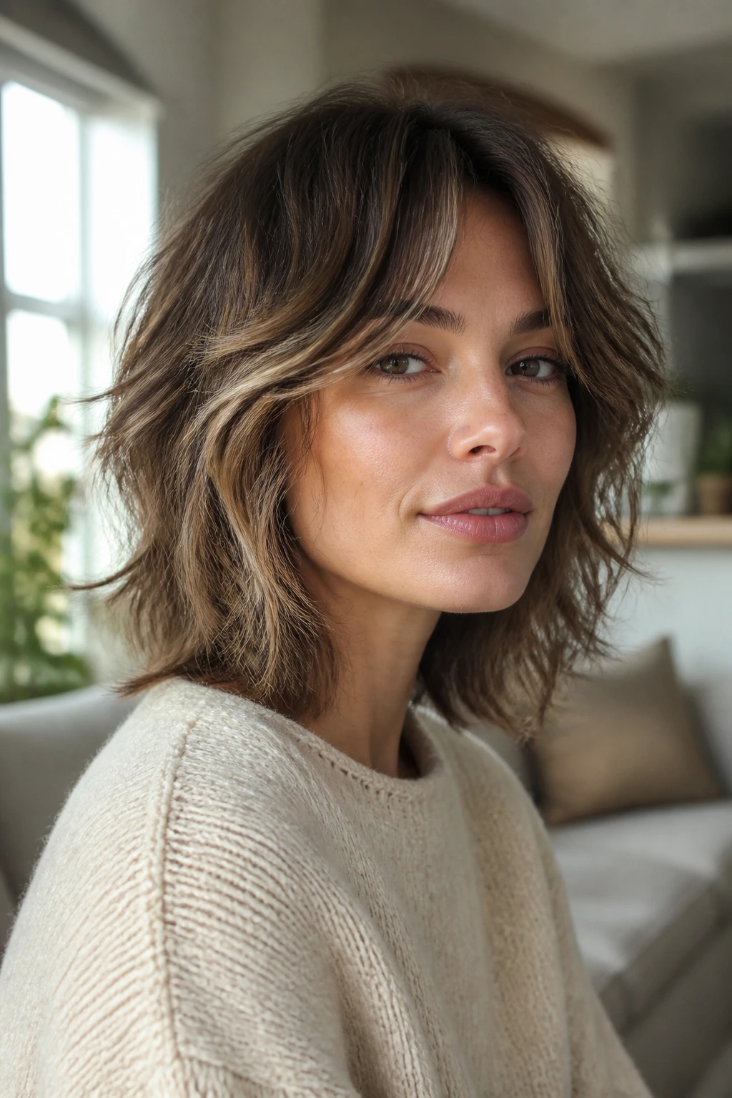 Close-up of Air-Dried Shag with natural texture on a real woman, center part, soft daylight