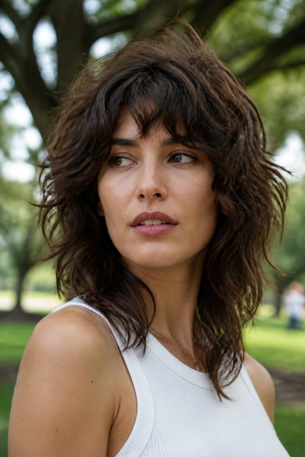 Close-up of a real person with an air-dried textured shag and natural waves.