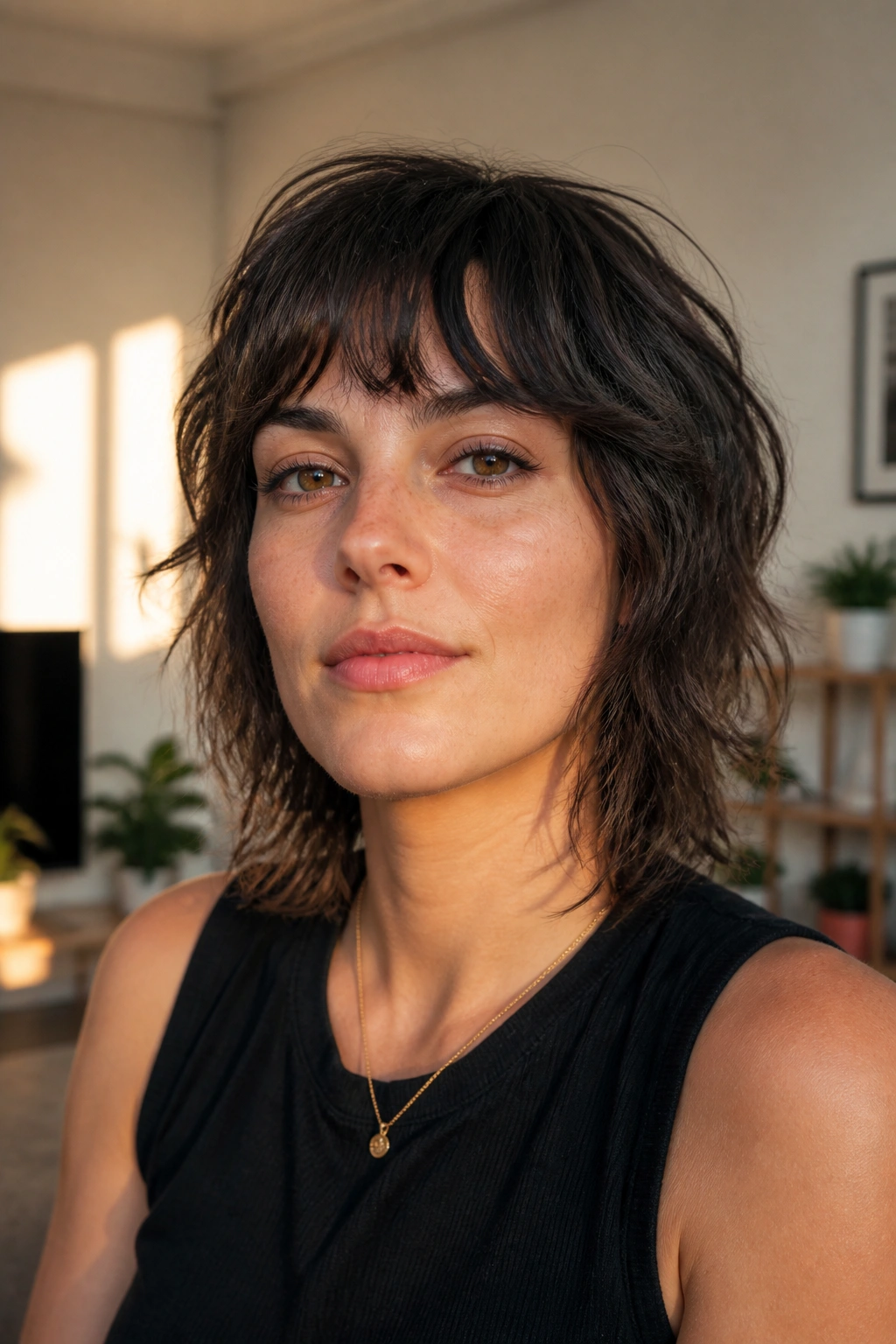 Close-up of a real person with air-dried shag and bent bangs