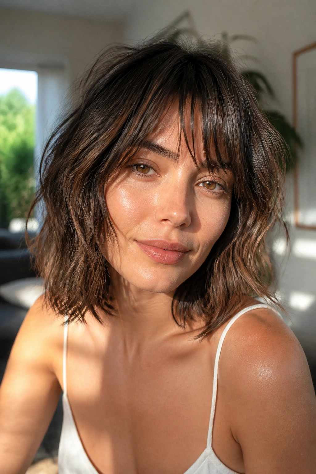 Real woman with air-dried shag lob and see-through bangs in sunlit room.