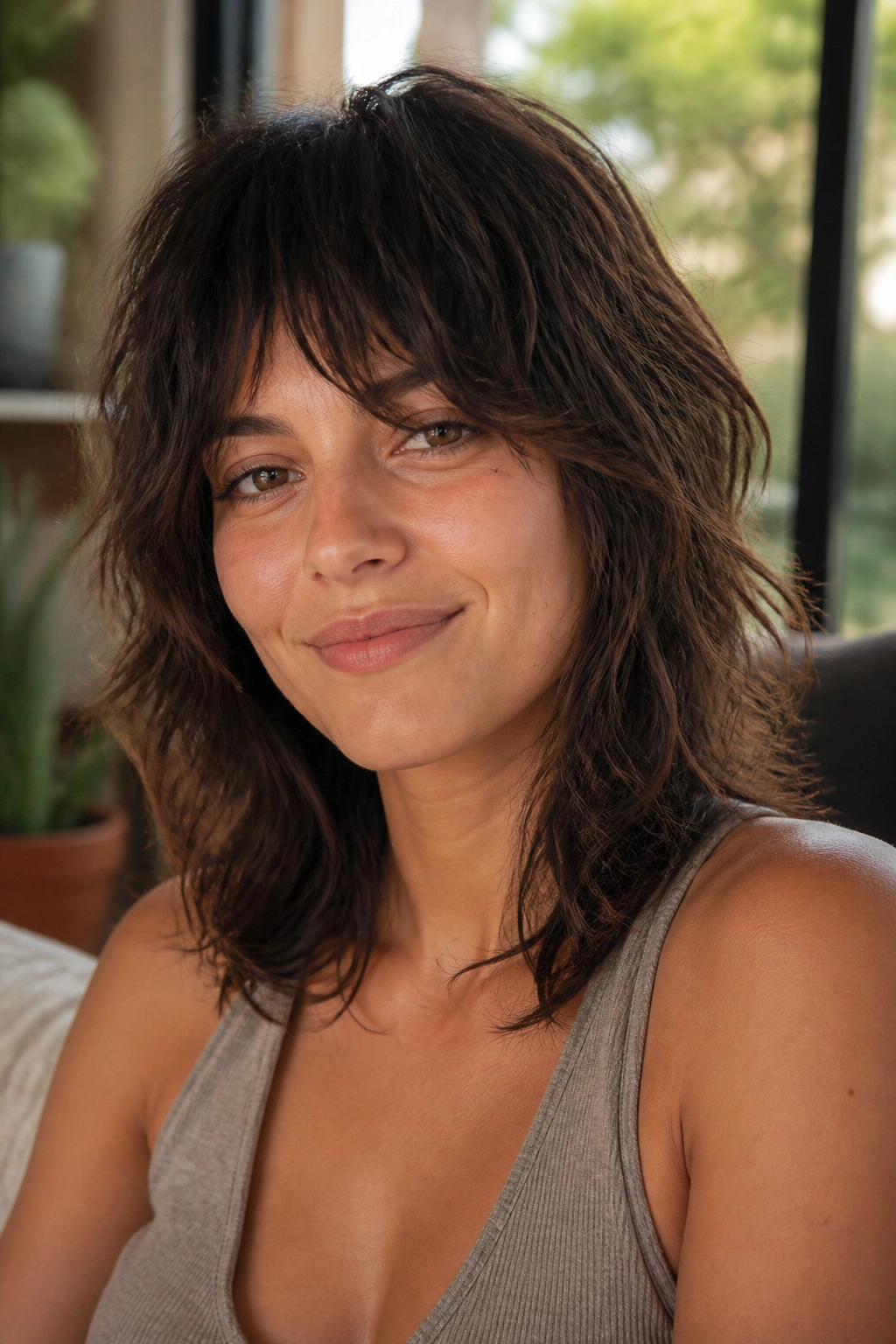 Close-up portrait of a real person with an air-dried shag and natural texture.