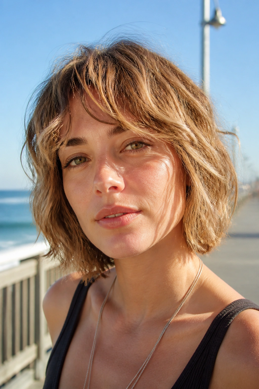 Close-up portrait of a real person with air-dried shaggy bob and beachy bend.