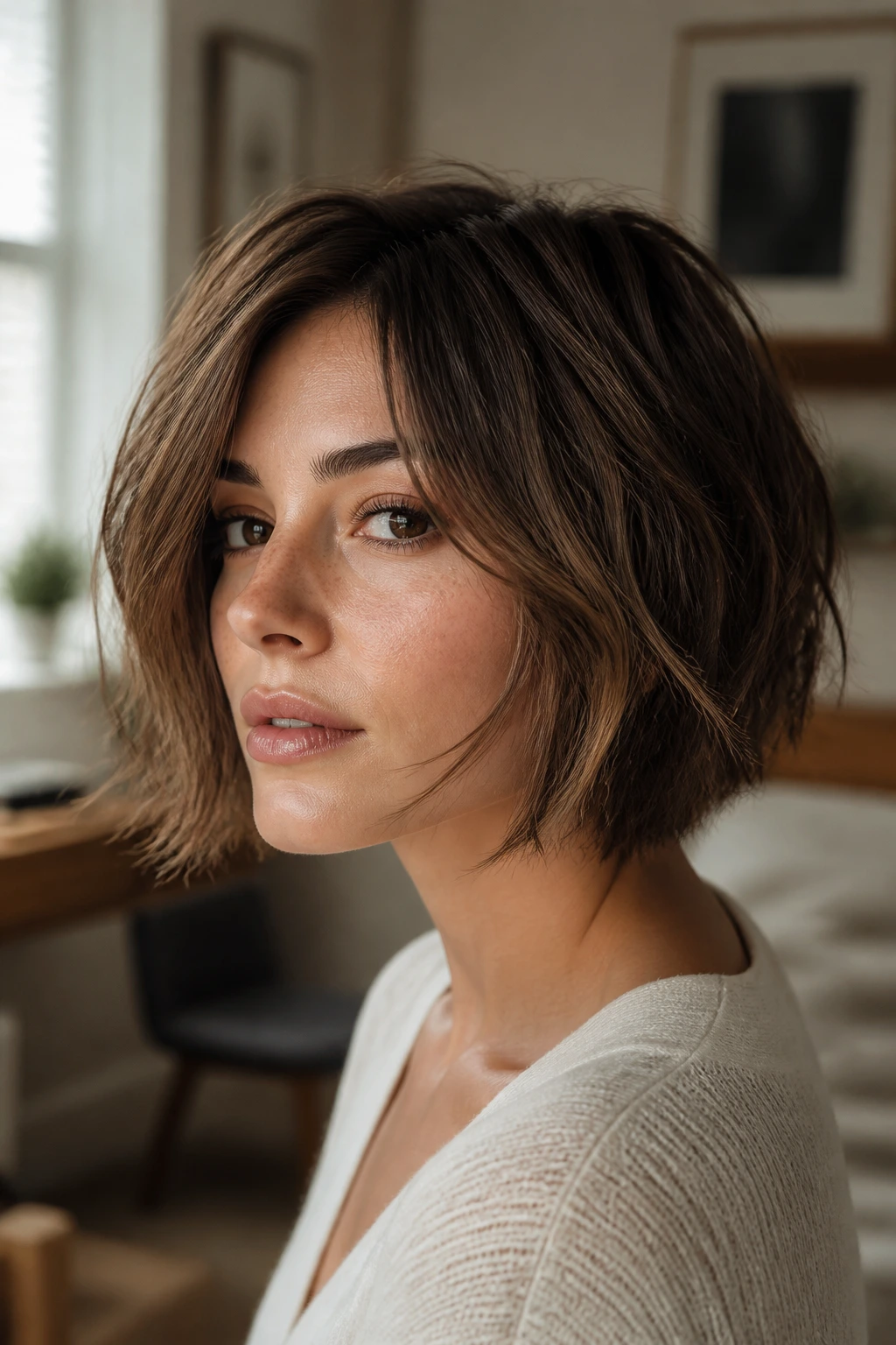 Close-up of a real woman with a short layered bob and air-dried texture.