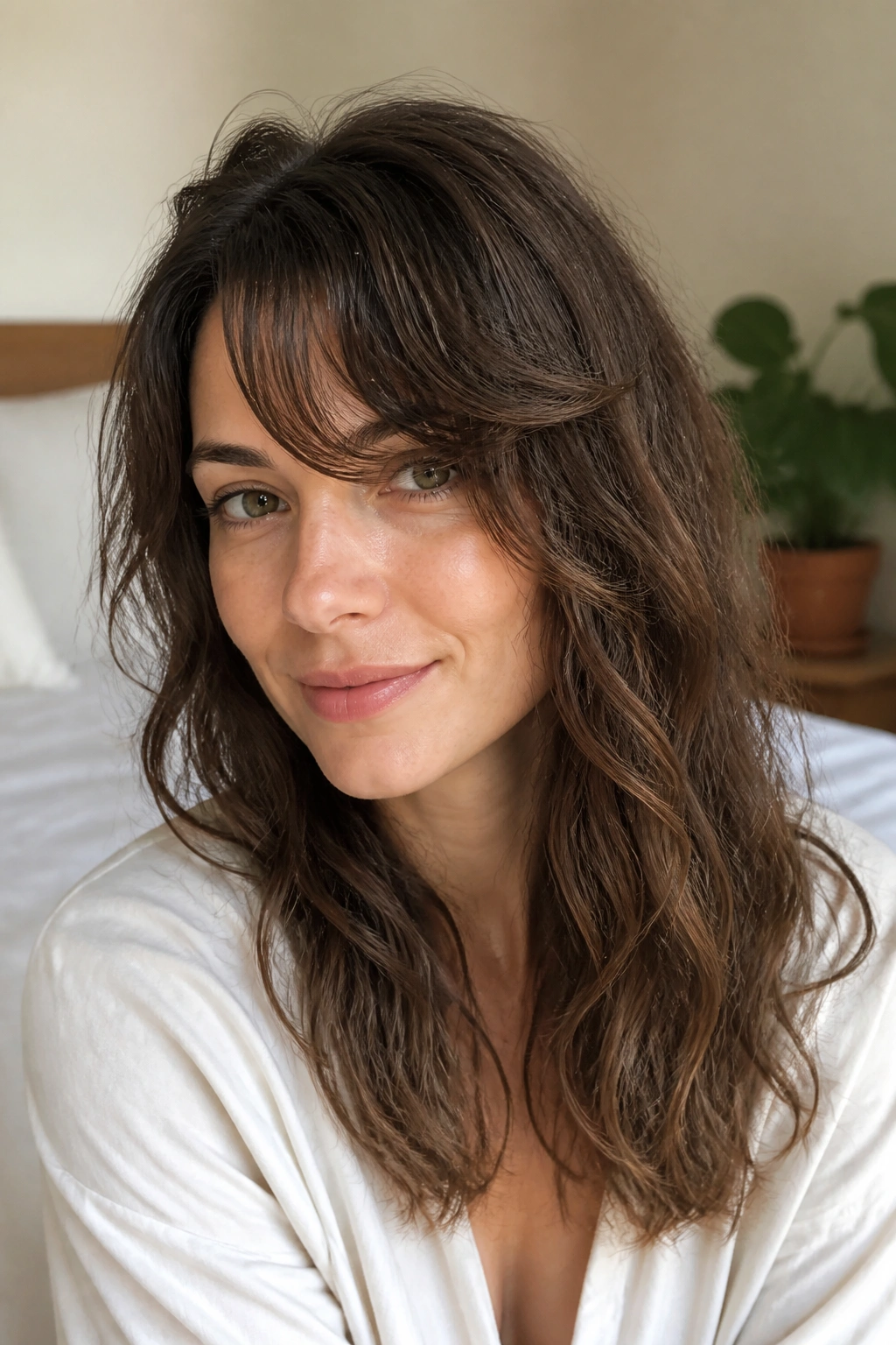 Close-up of a real woman with air-dried side fringe on wavy hair