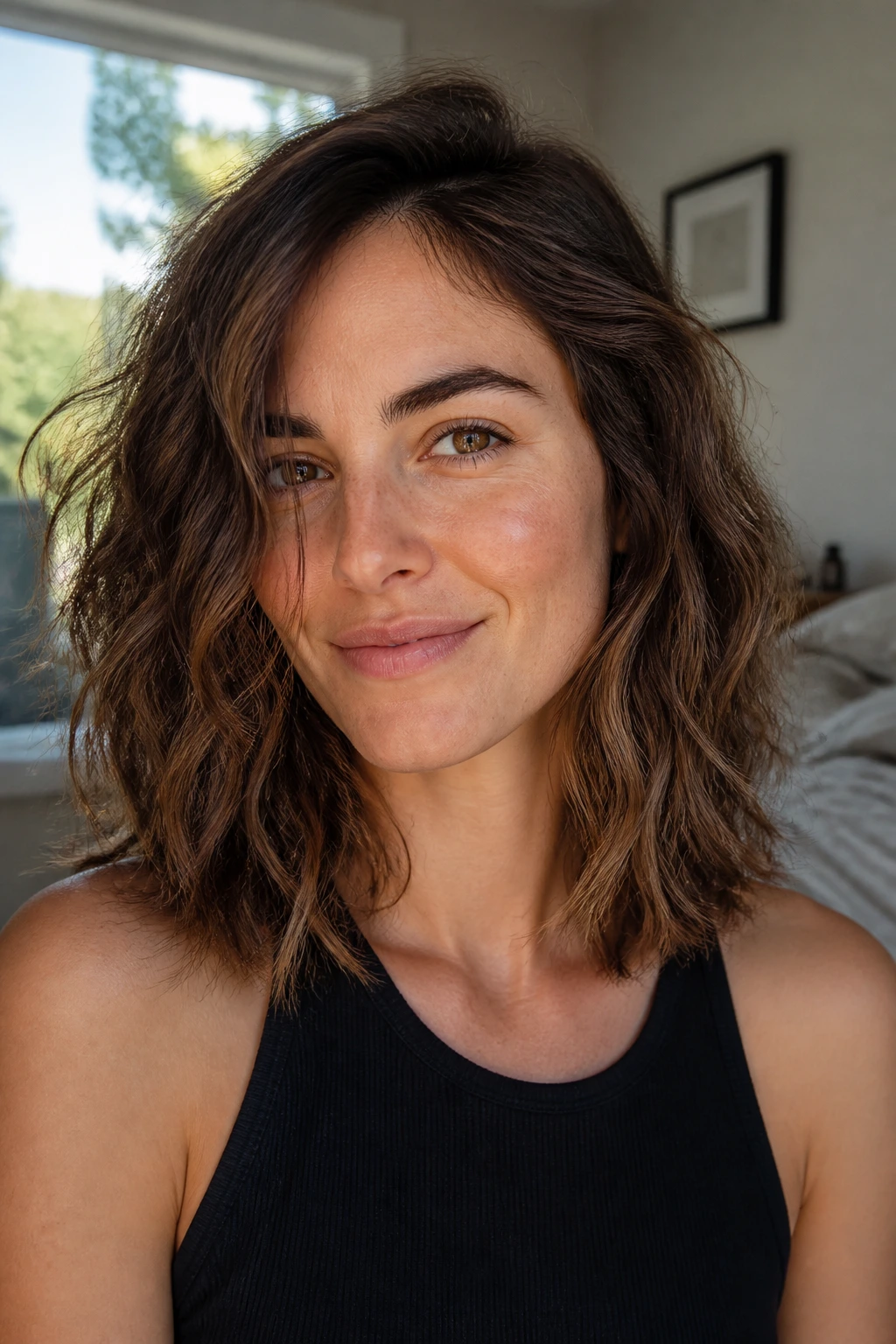 Real-woman portrait showing an air-dried texture cut with natural waves