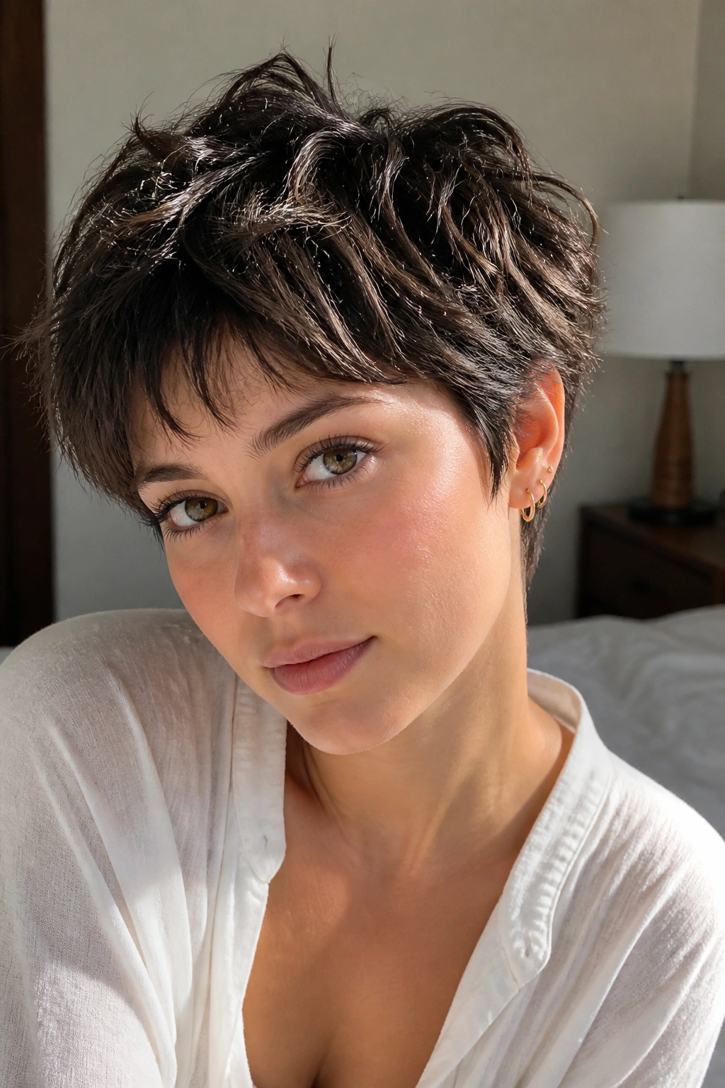 Real woman with air-dried natural texture pixie in a sunlit bedroom.