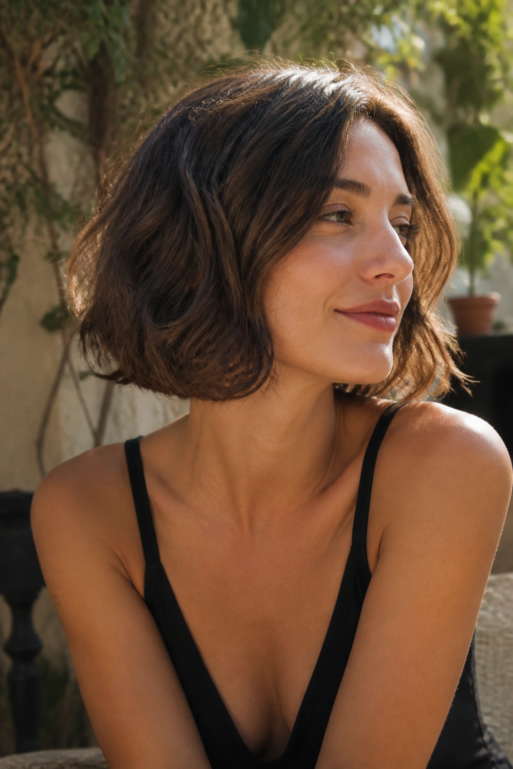 Close-up portrait of a real woman with air-dried textured French bob on an outdoor patio