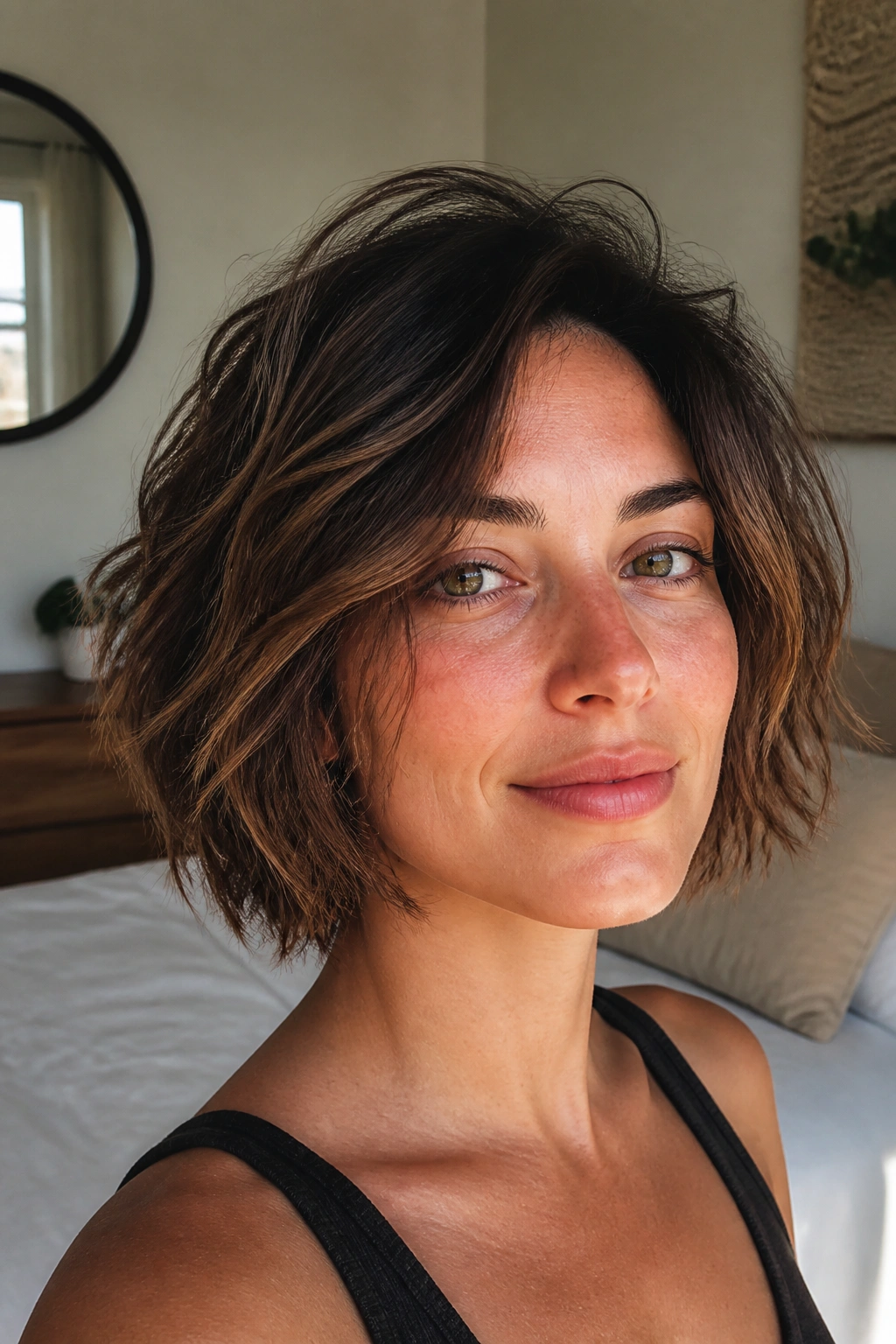 Close-up of a real woman with an air-dried tousled bob in a sunlit room.