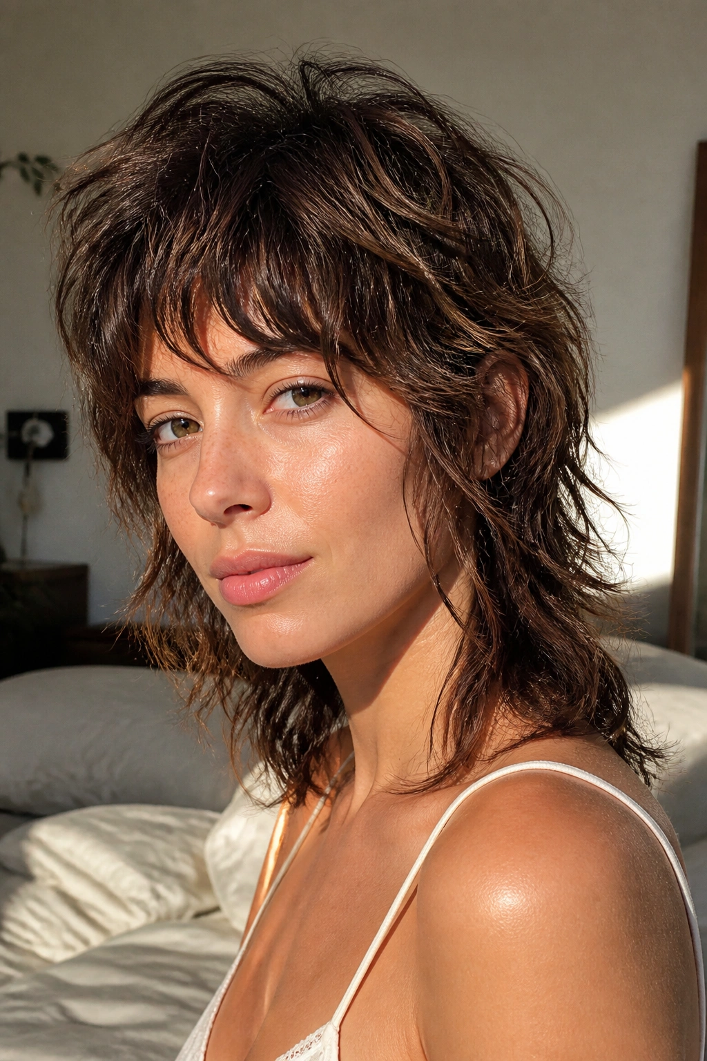 Close-up portrait of a real woman with air-dried wave wolf cut