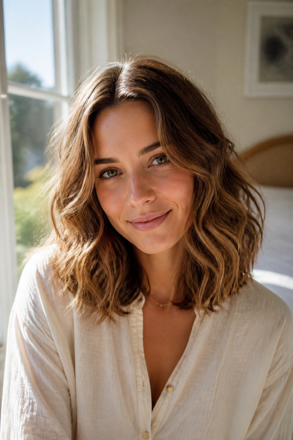 Close-up of real woman with shoulder-length waves and center part