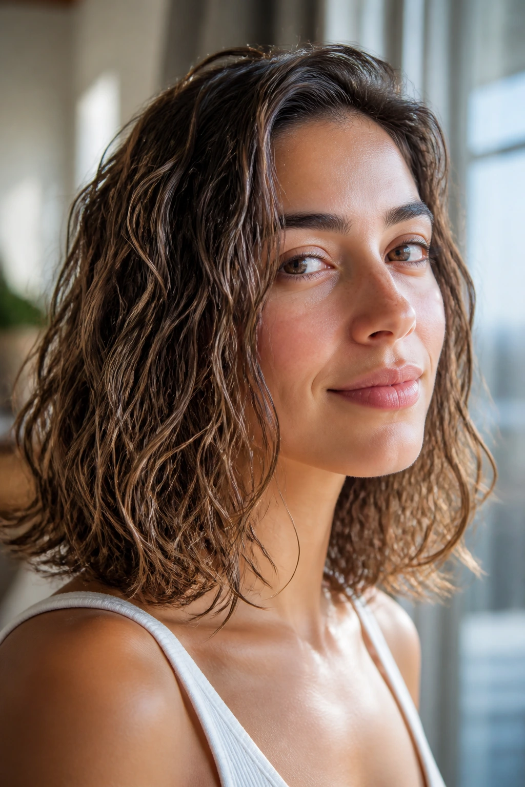 Close-up of a real woman with air-dried natural waves and curl cream