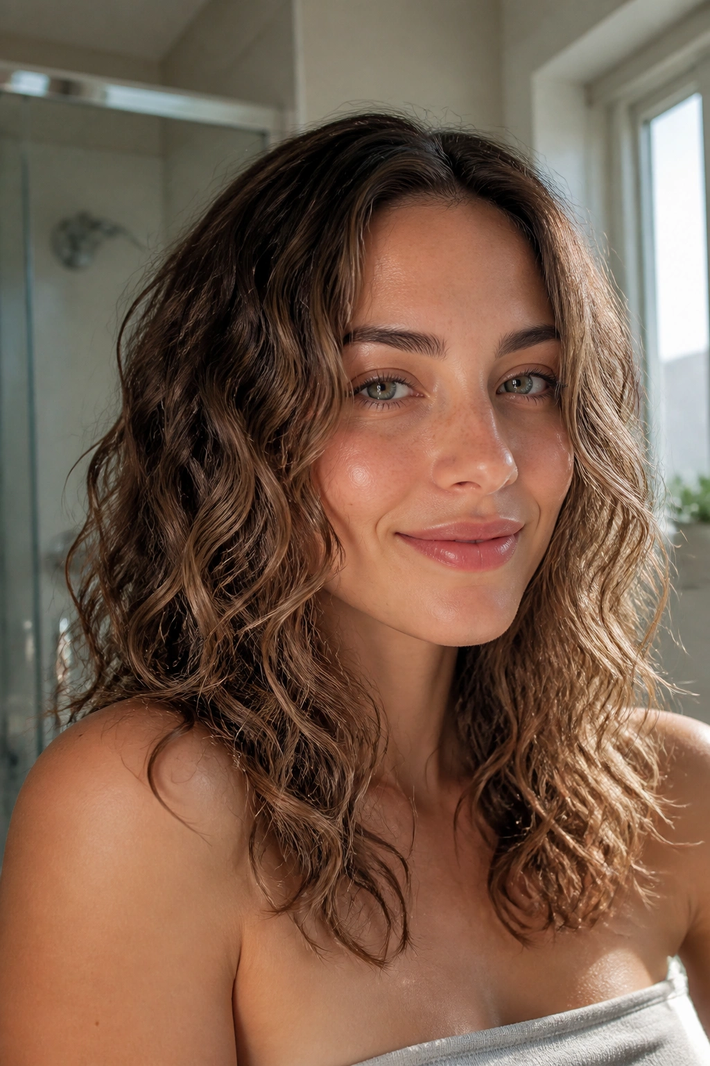 Close-up of a real woman with air-dried, defined waves and a damp finish using curl cream in warm natural light.