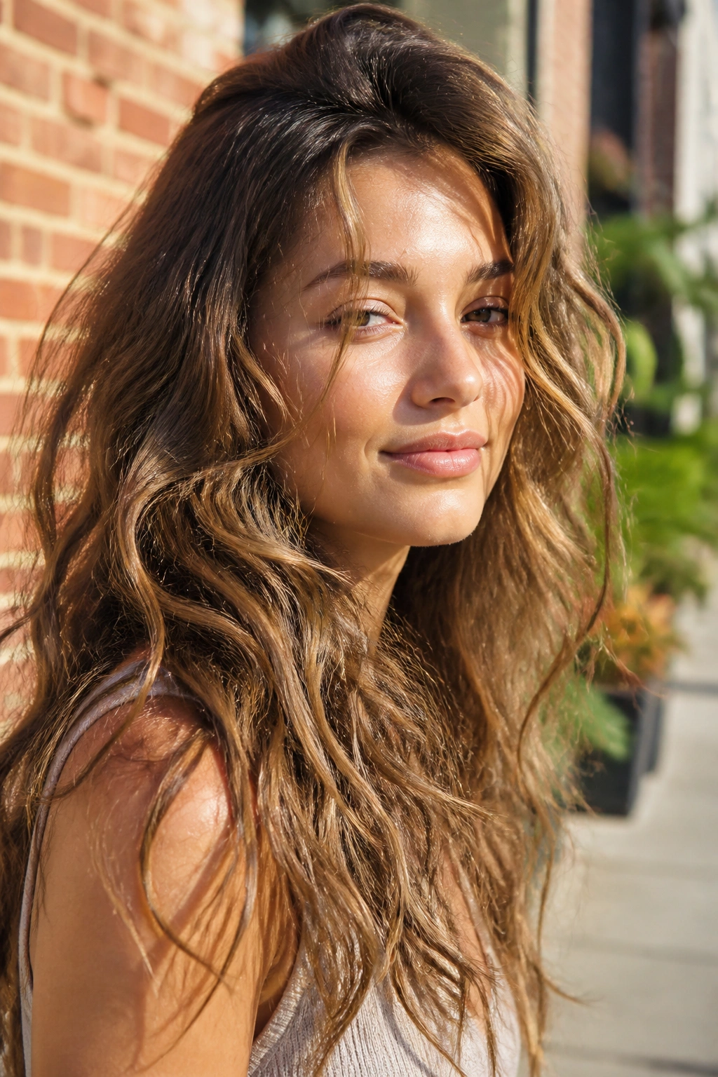 Real woman with natural air-dried waves in sunny outdoor setting