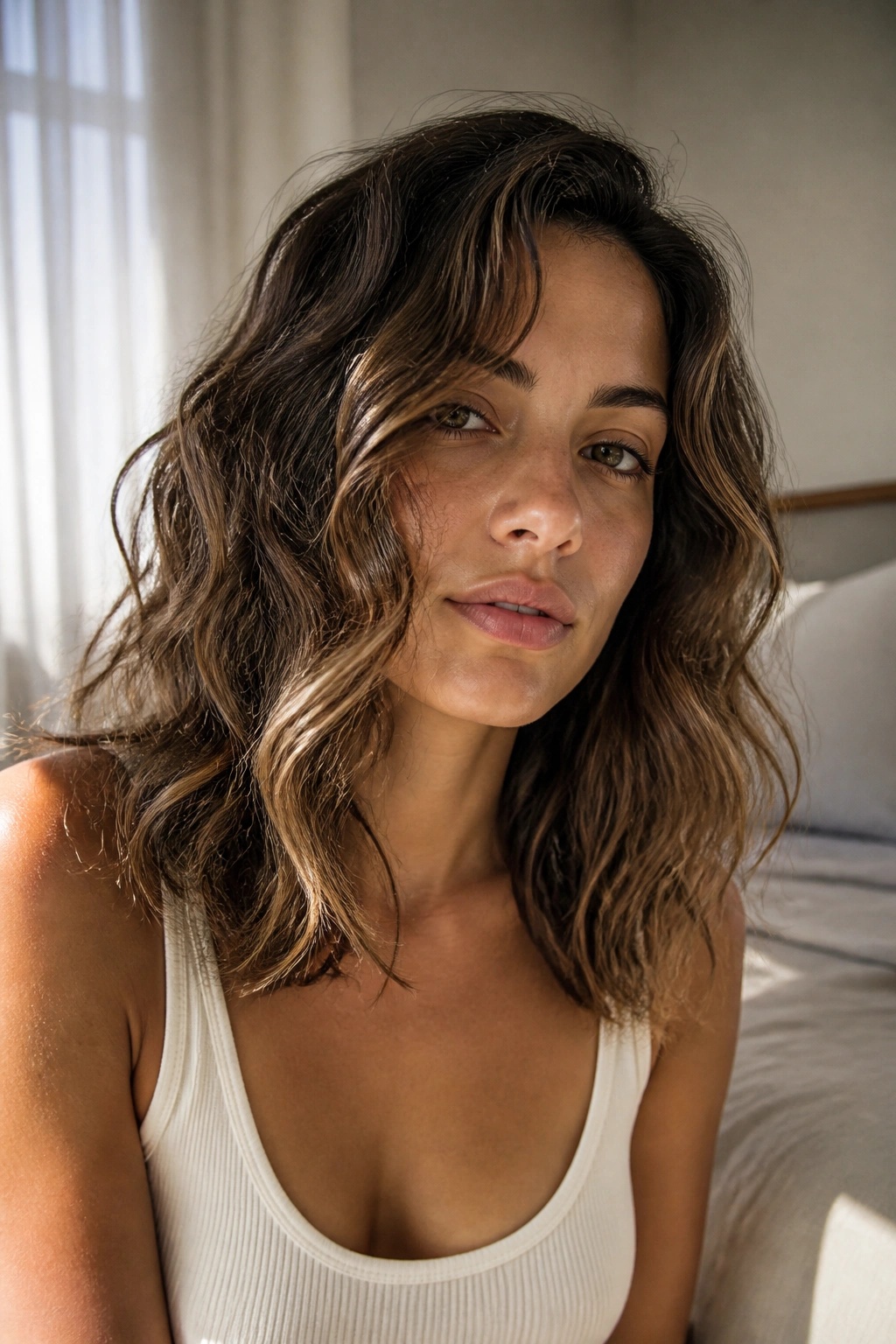 Real woman with natural air-dried waves on medium-length hair in soft daylight.