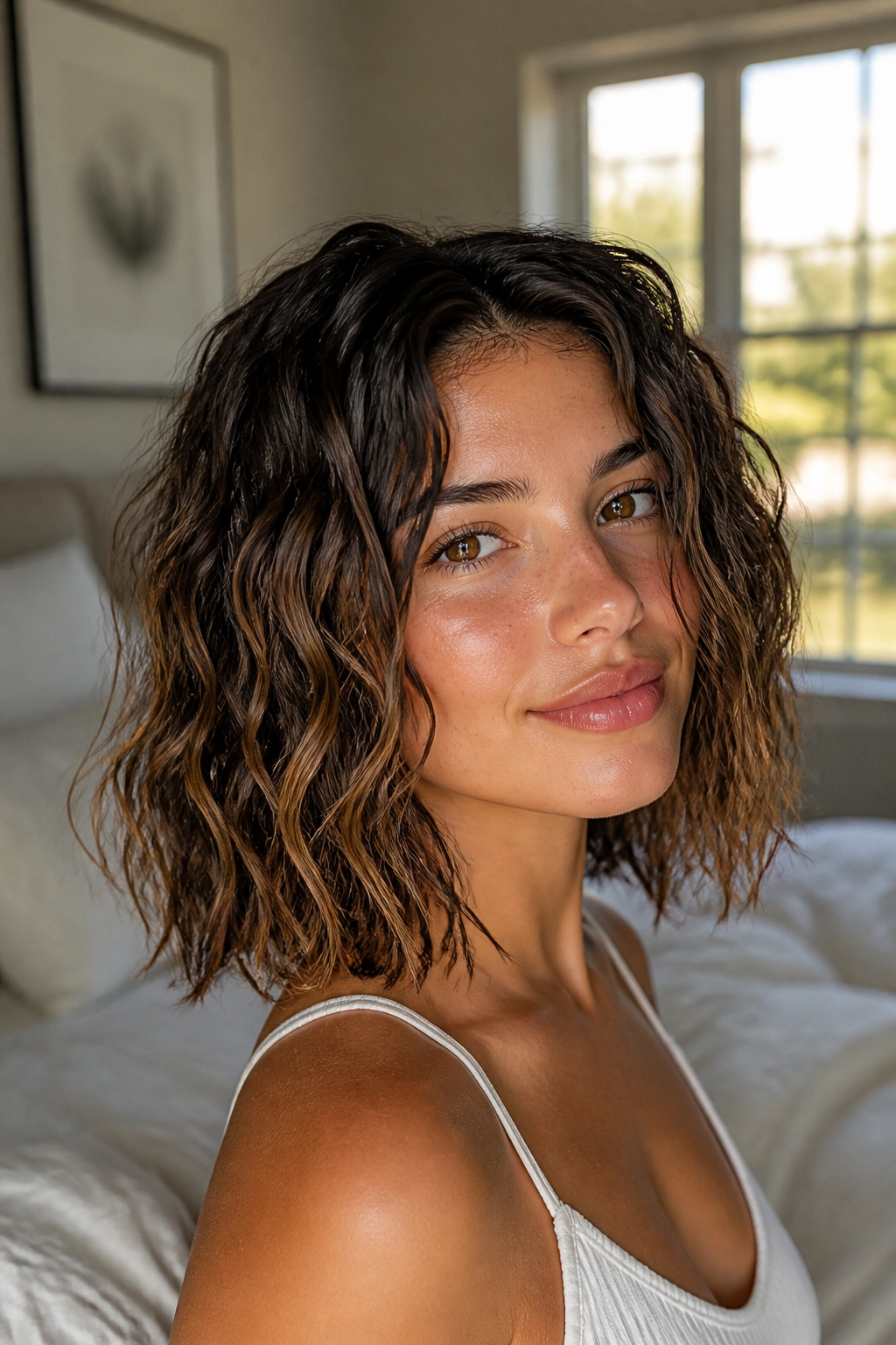 Close-up of a real woman with defined air-dried waves in a sunlit bedroom