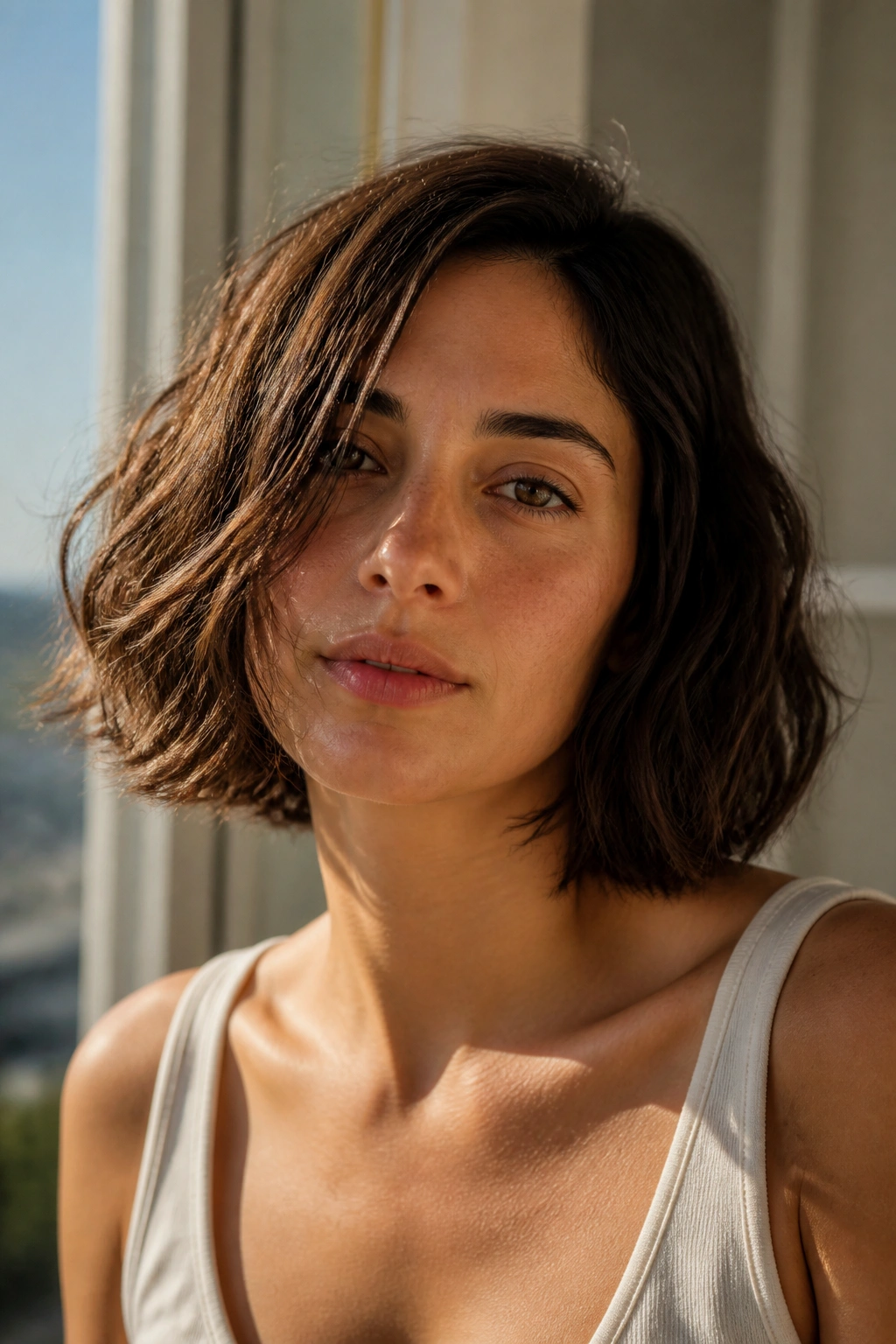 Close-up of a real woman with an air-dried wavy bob in natural light.