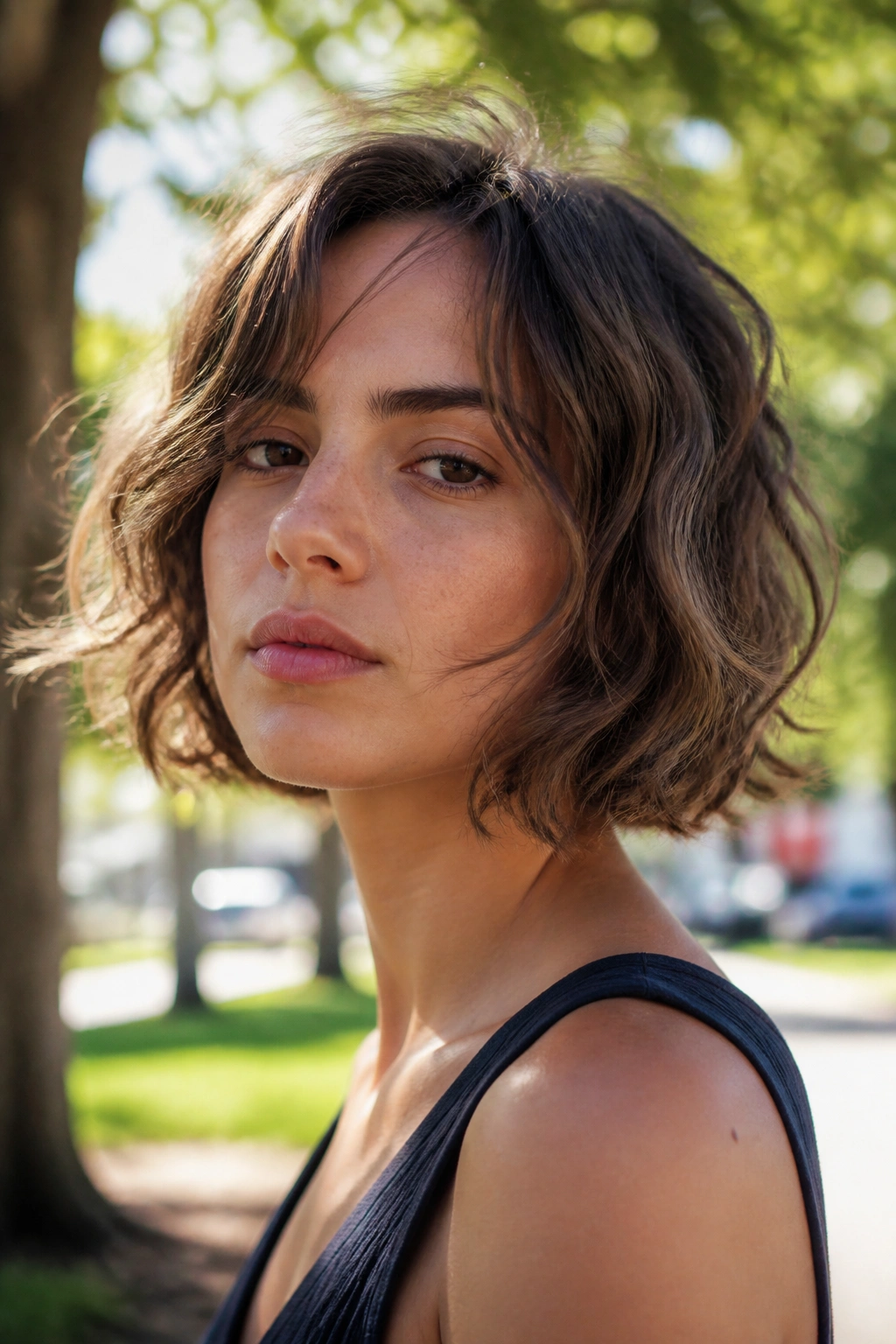 Close-up of a real woman with an air-dried wavy bob in an outdoor park