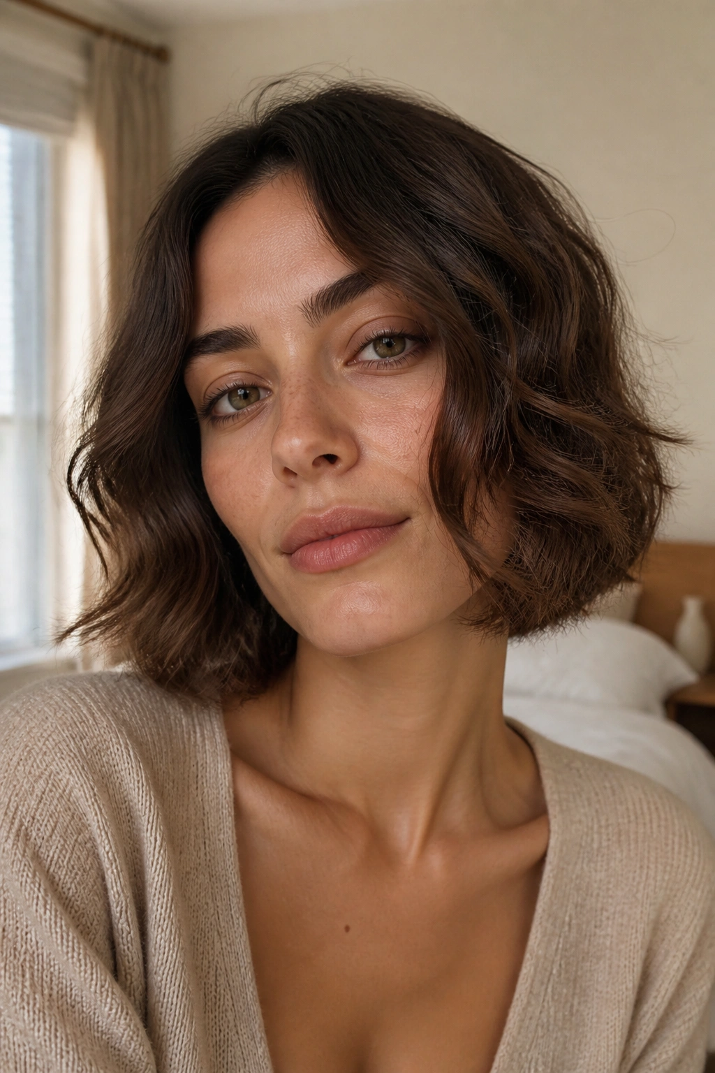 Close-up portrait of a real woman with an air-dried wavy Swedish bob in natural light