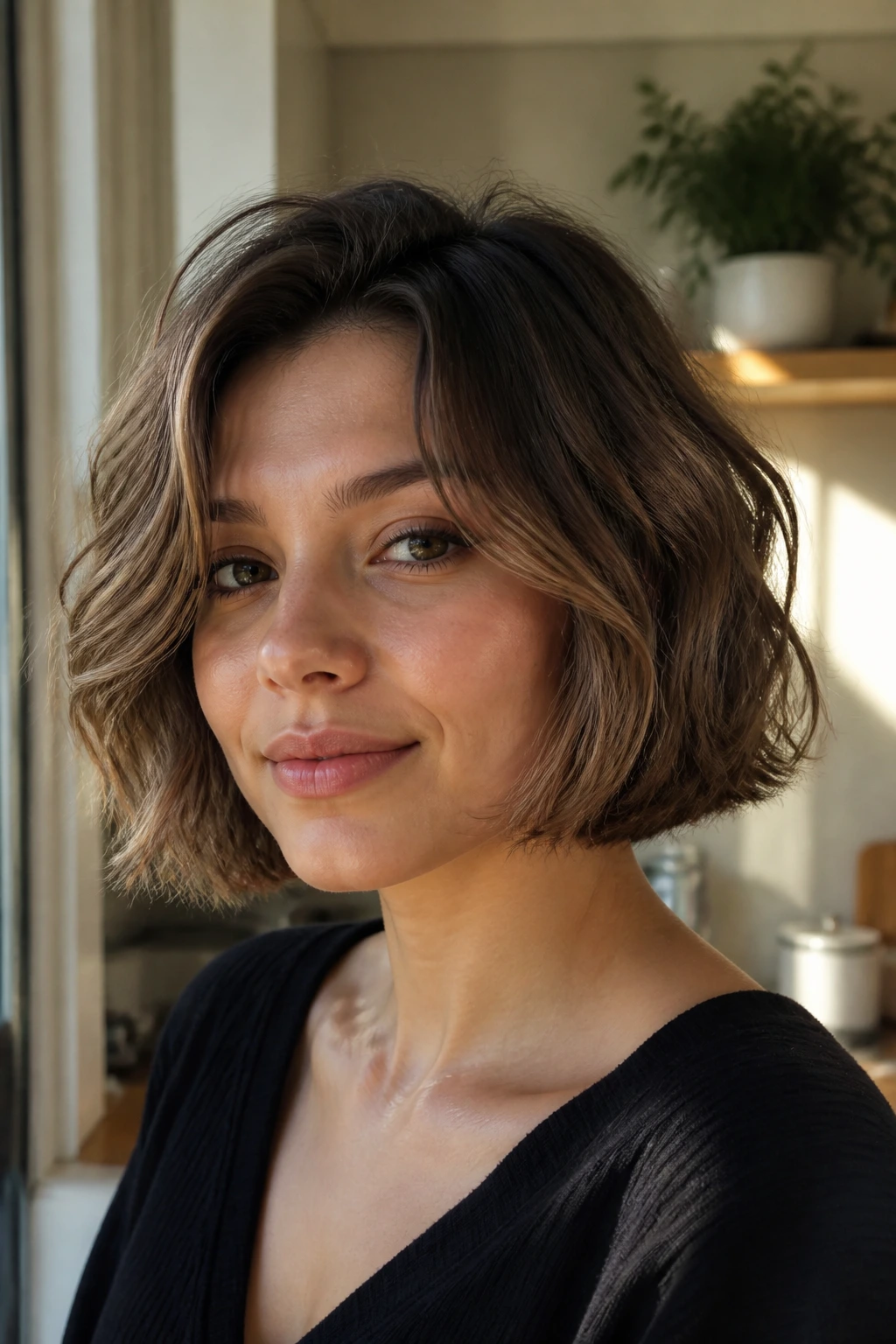 Real woman with air-dried wavy Italian bob in sunlit room