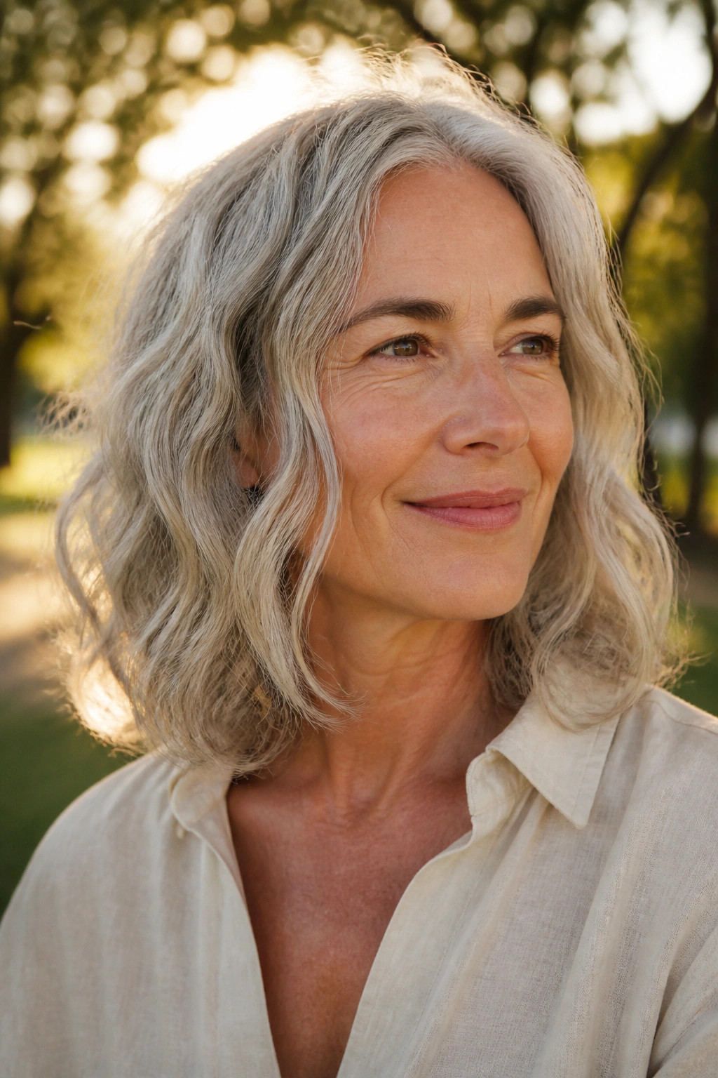 Gray-haired woman with air-dried wavy lob in outdoor light.