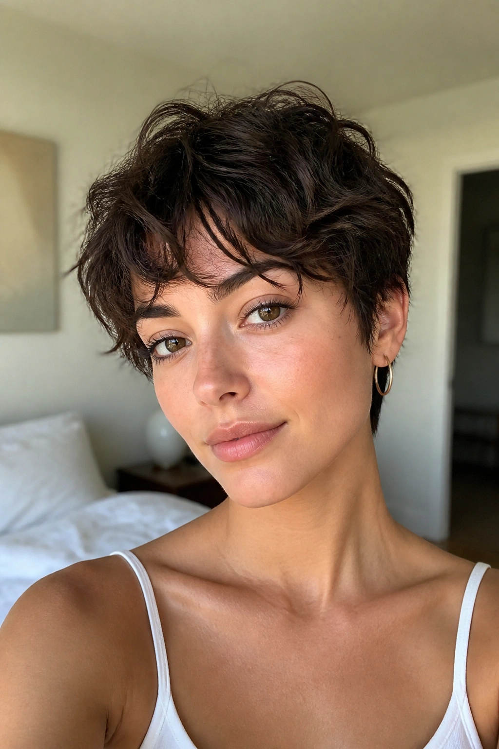Close-up of a person with an air-dried wavy pixie in a sunlit bedroom