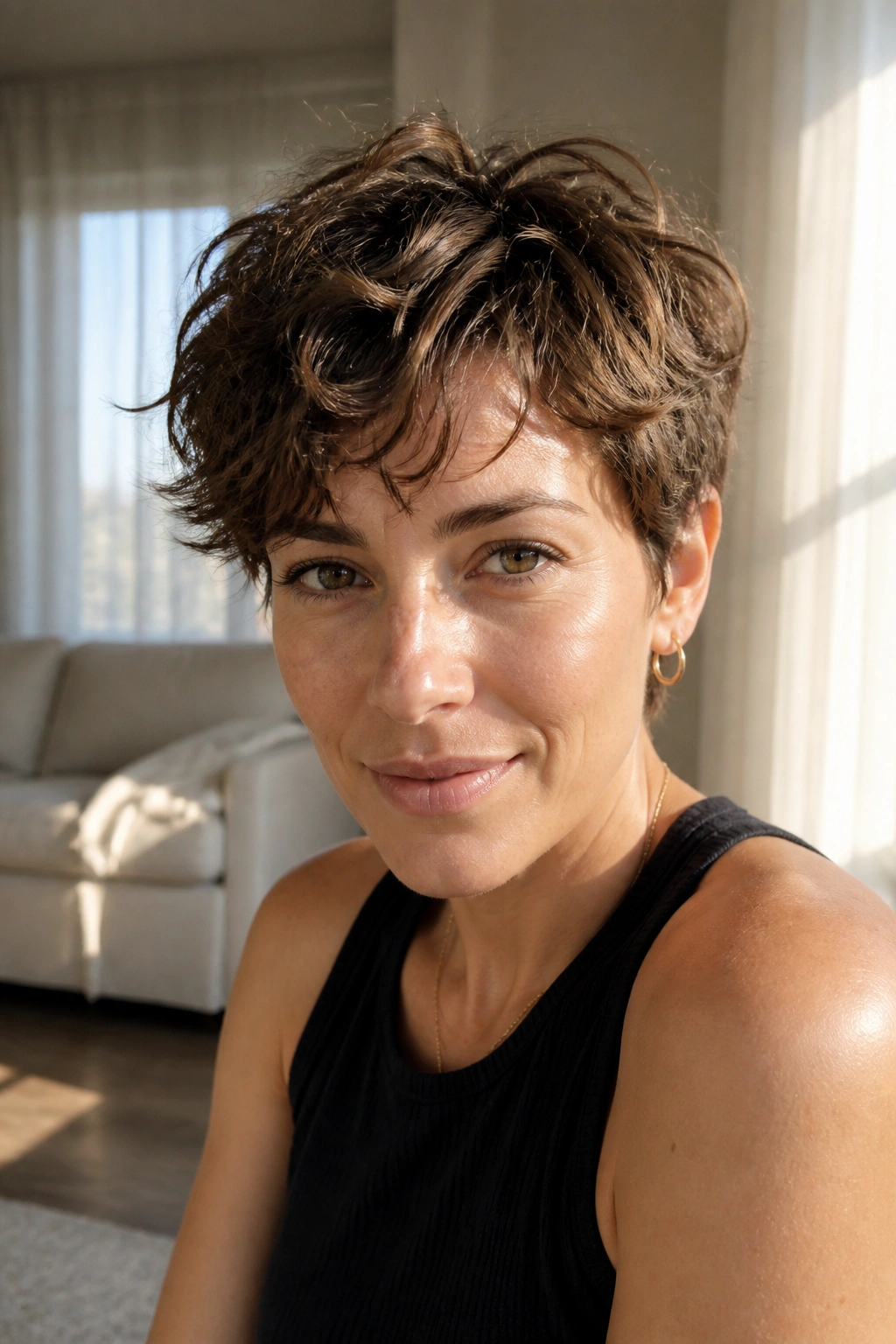 Close-up portrait of a real woman with air-dried wavy pixie in a sunlit living room