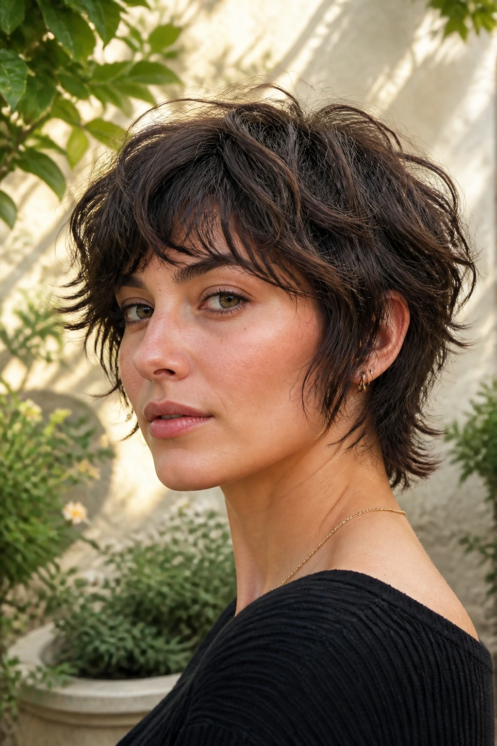 Close-up portrait of a real woman with an air-dried wavy wolf pixie in a sunlit courtyard.