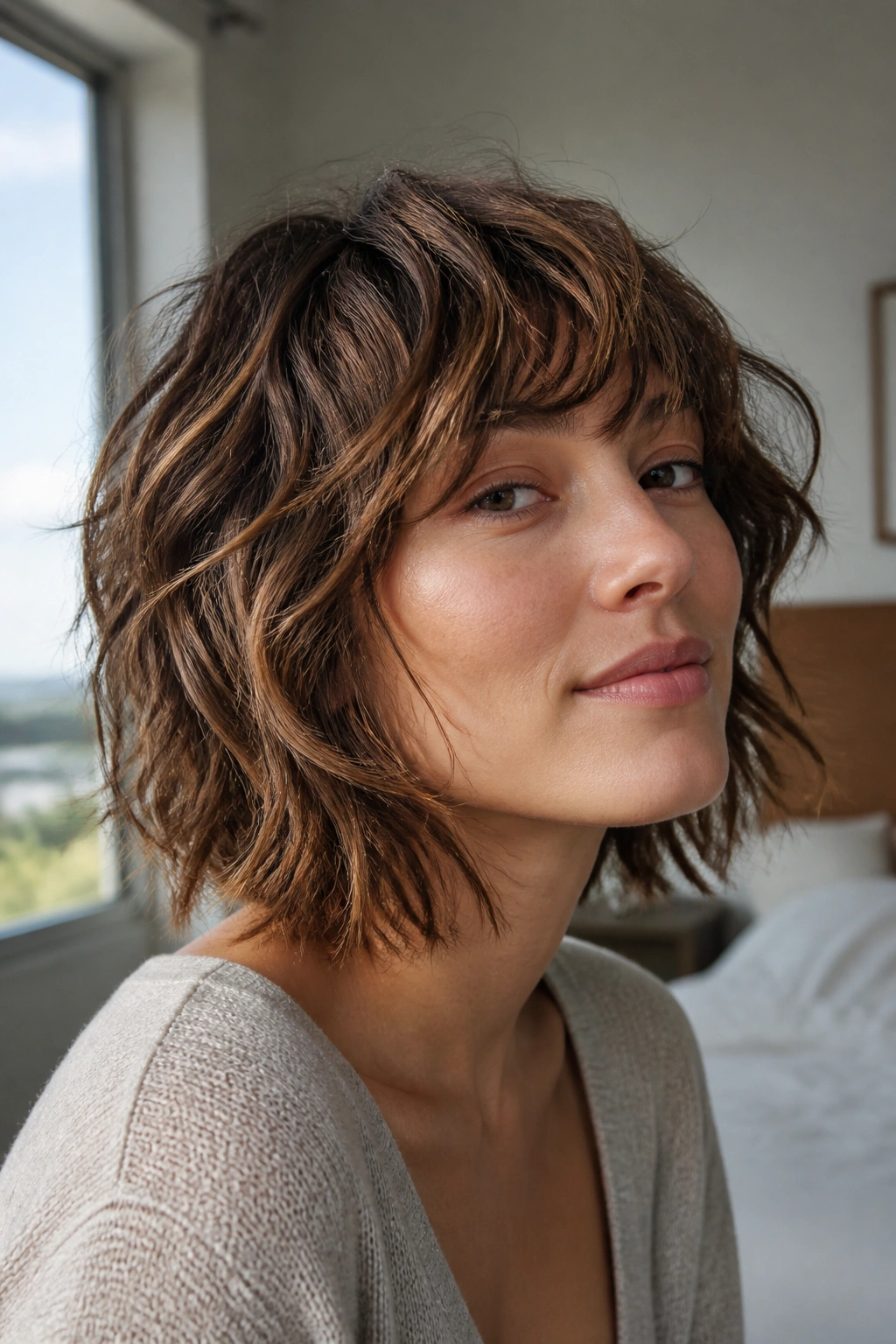 Close-up portrait of a real person with air-dried wavy shag hair