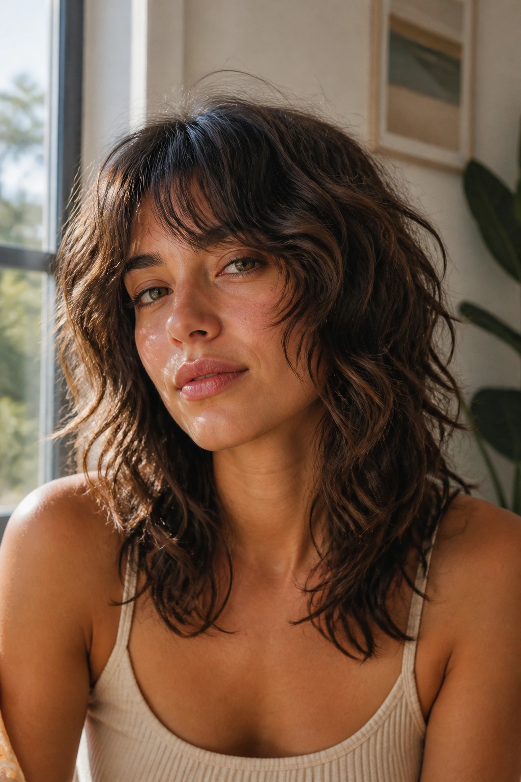 Close-up portrait of a real woman with air-dried wavy shag hairstyle