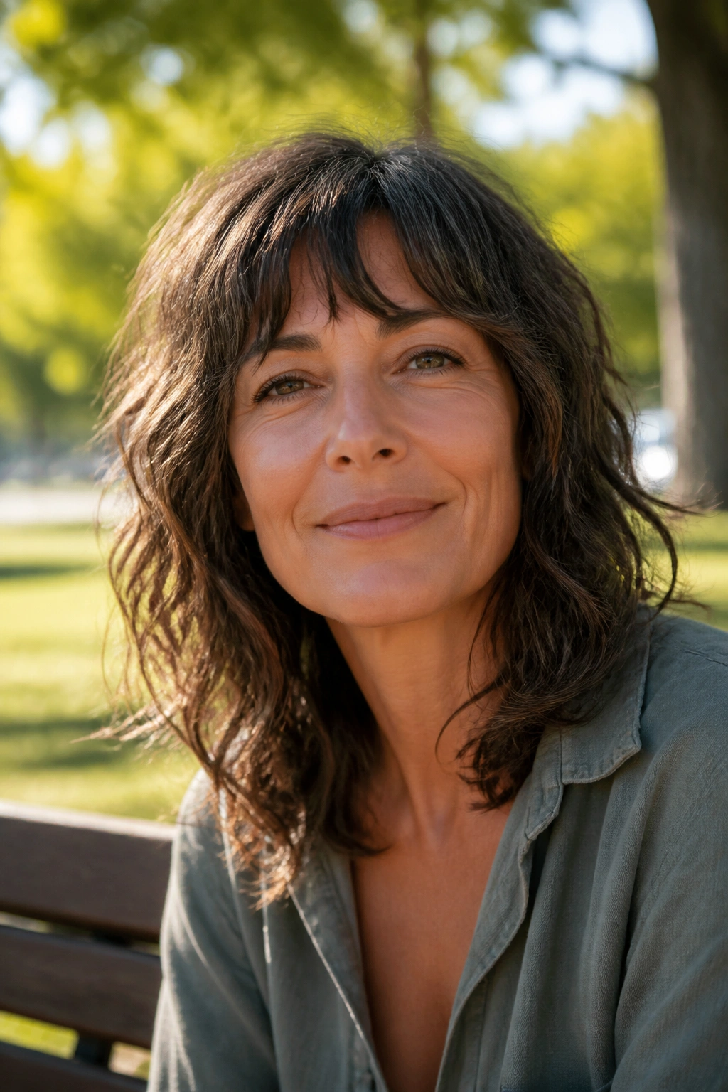 Close-up portrait of a real woman with air-dried wavy shag in natural light