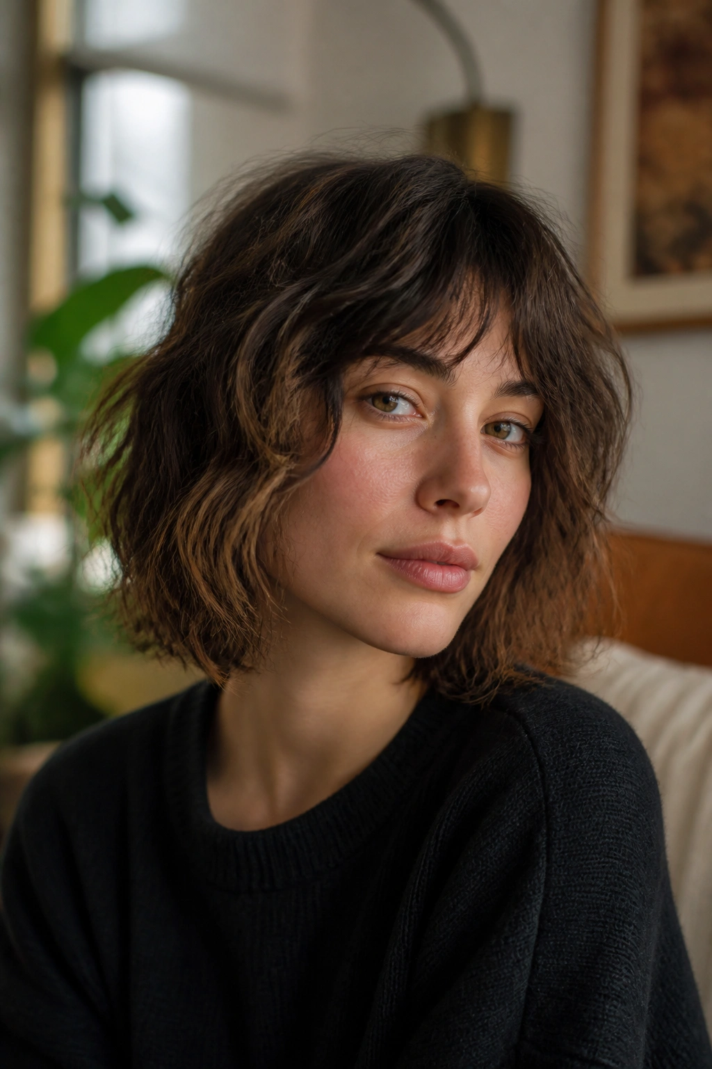 Portrait of a real person with an air-dried wavy shaggy bob and natural texture