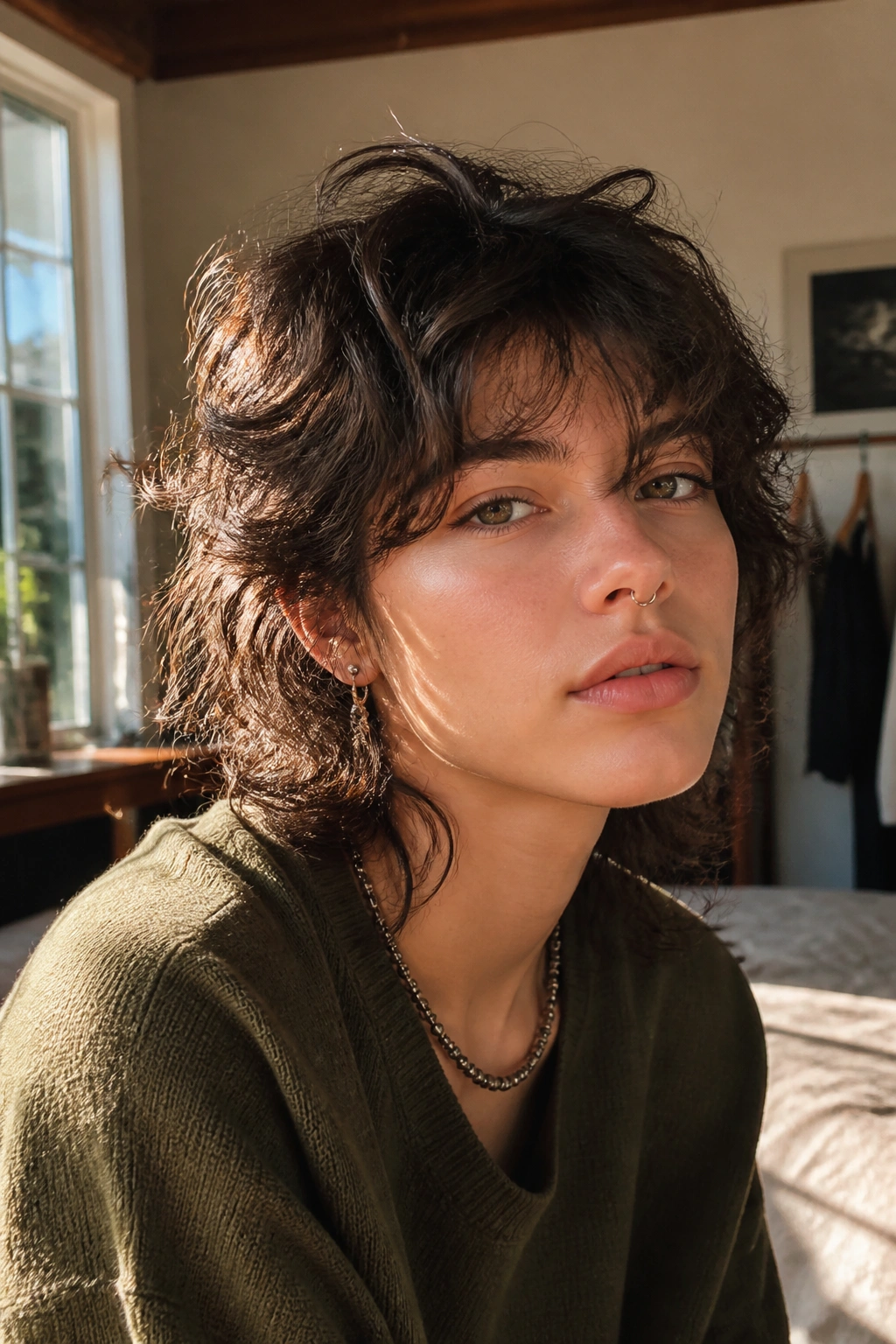 Close-up of a real person with an air-dried wavy wolf cut in natural window light