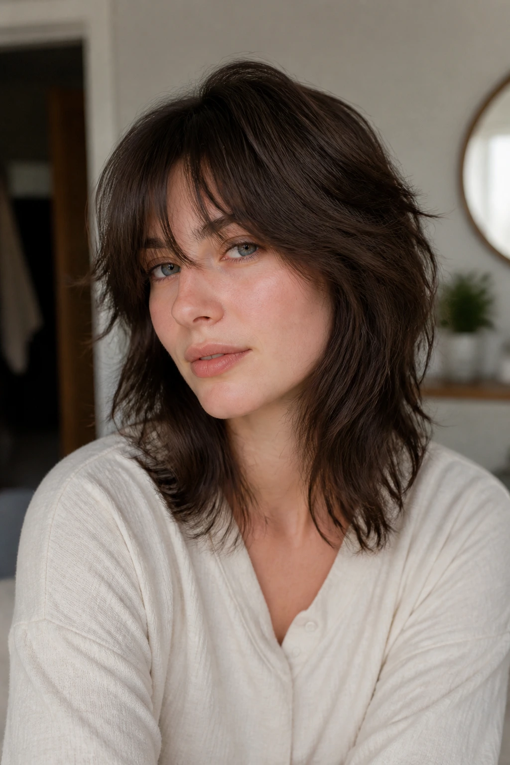 Close-up portrait of a real woman with air-dried wolf cut and invisible layers in morning light