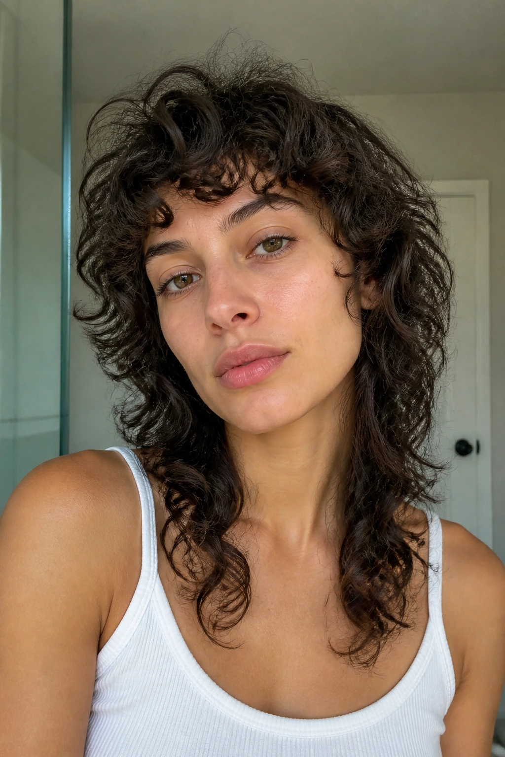 Close-up of a real person with an air-dried wolf cut and minimal styling.