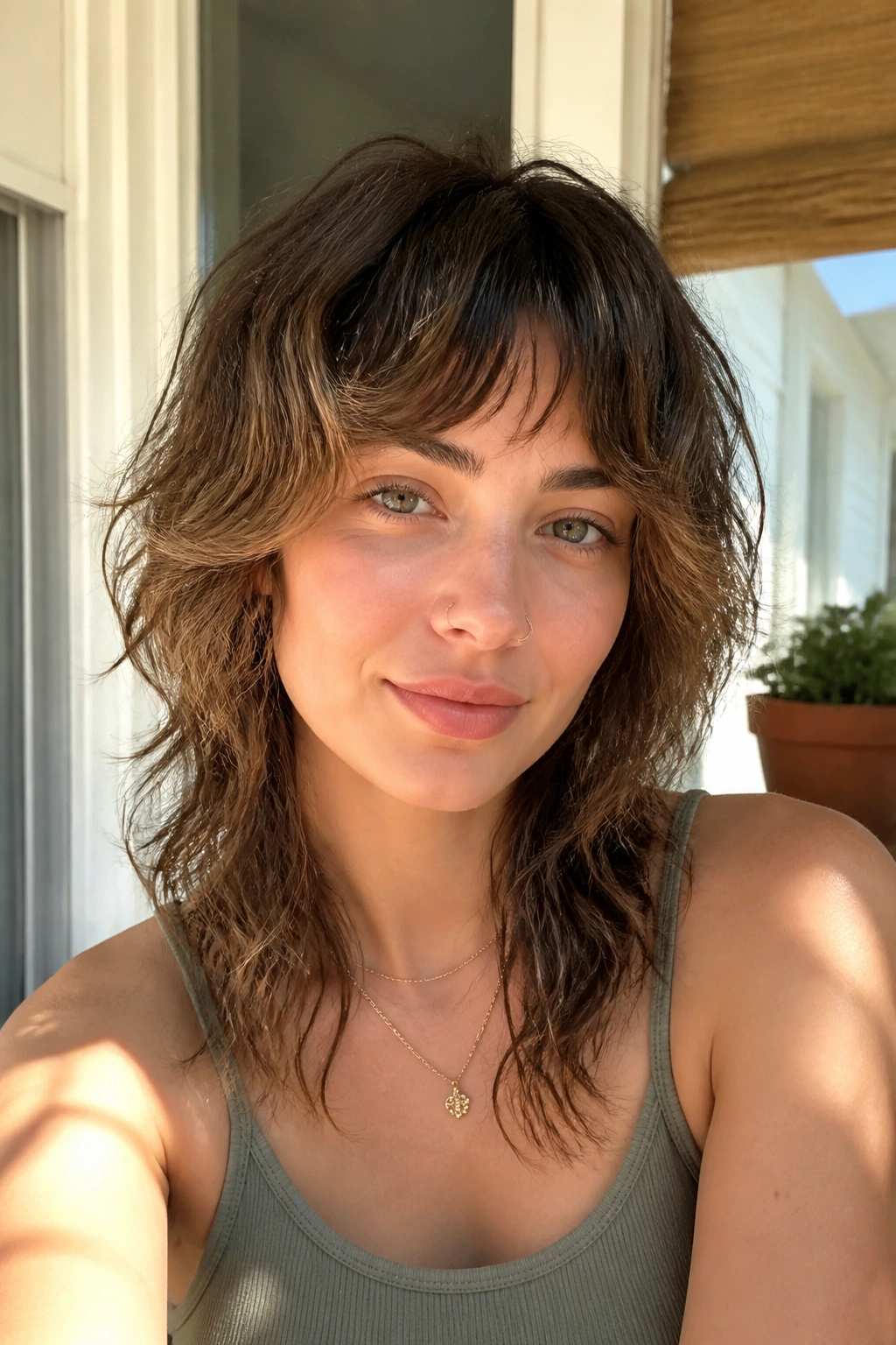 Close-up portrait of a real person with air-dried natural texture wolf cut