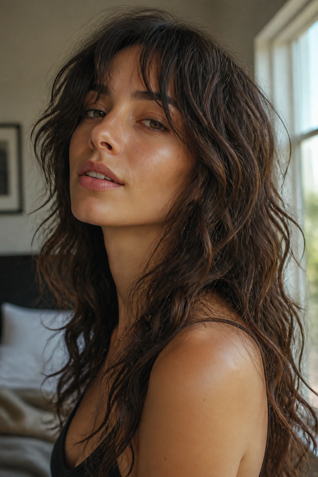Close-up of a real person with air-dried wave wolf cut and soft separation in natural light