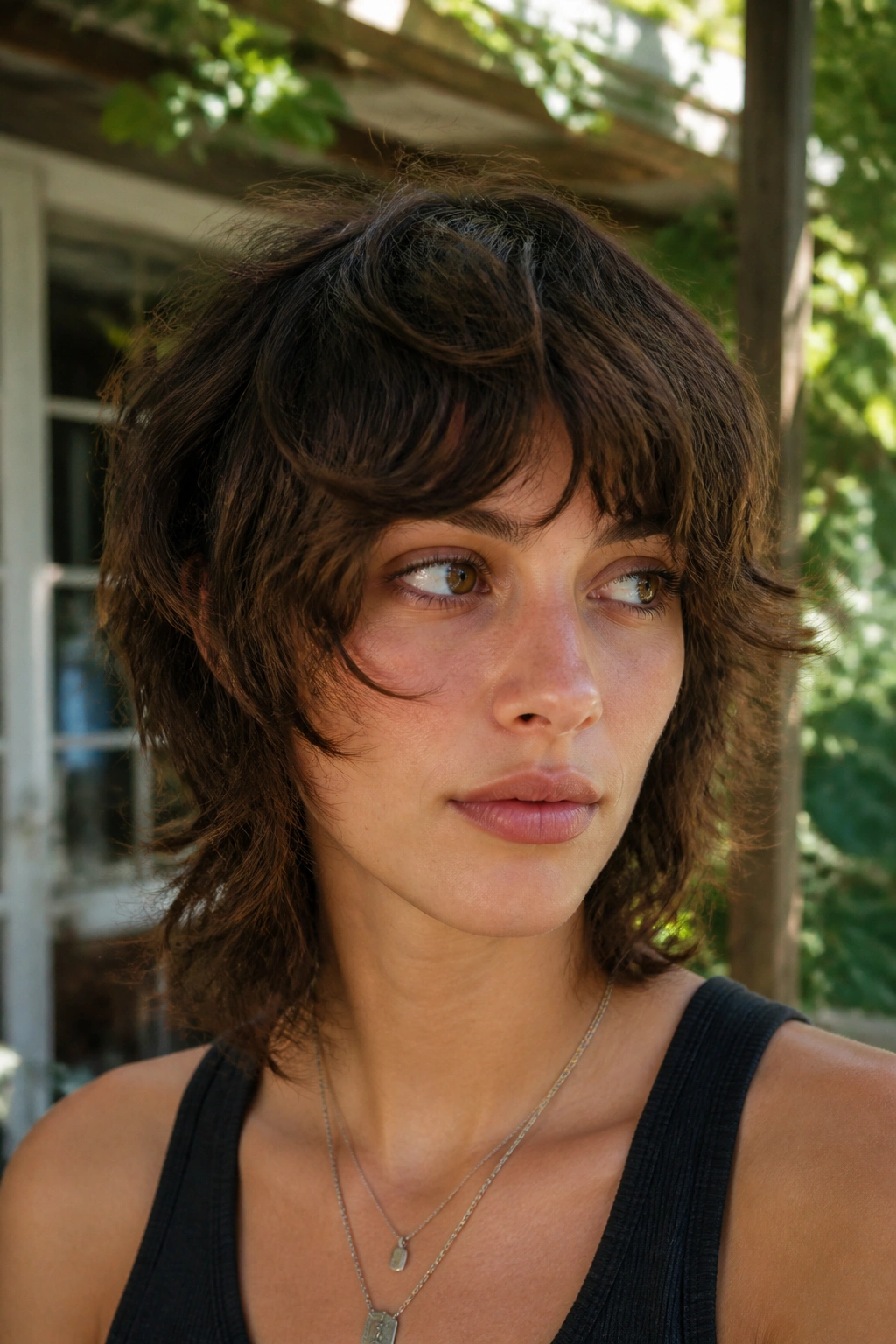 Real person with air-dried wavy wolf cut on porch under natural light